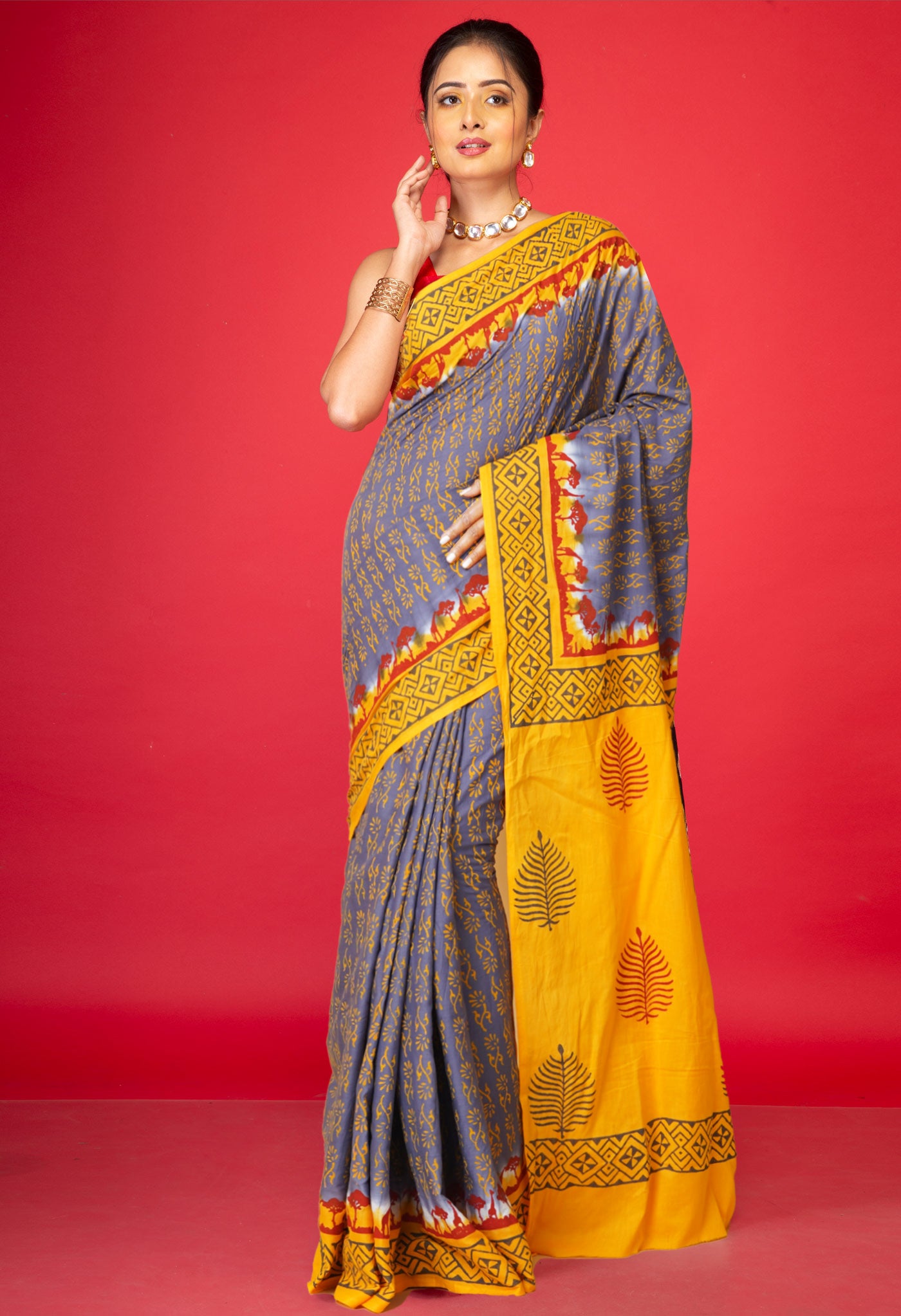 Grey Pure Hand Block Printed Soft Cotton Saree-UNM79206