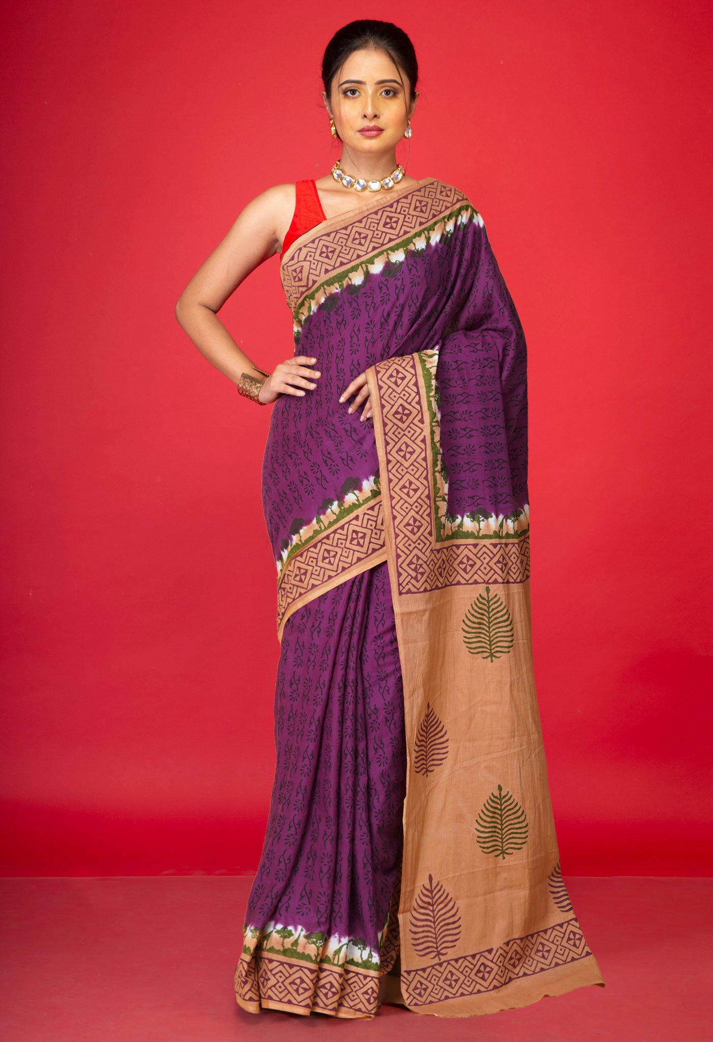 Purple Pure Hand Block Printed Soft Cotton Saree-UNM79207