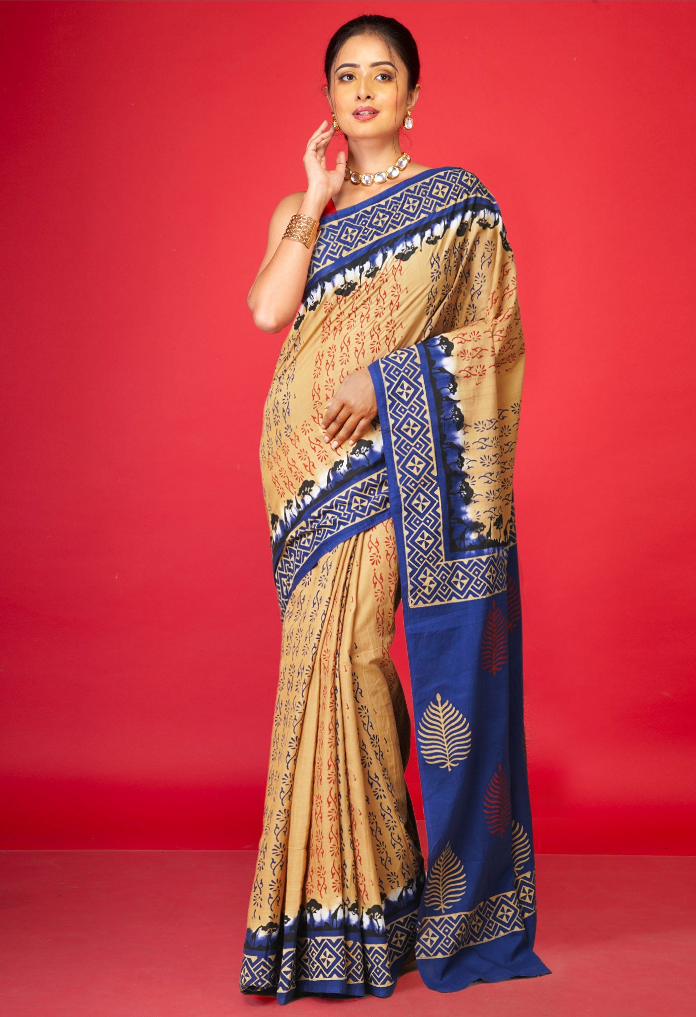 Brown Pure Hand Block Printed Soft Cotton Saree-UNM79208