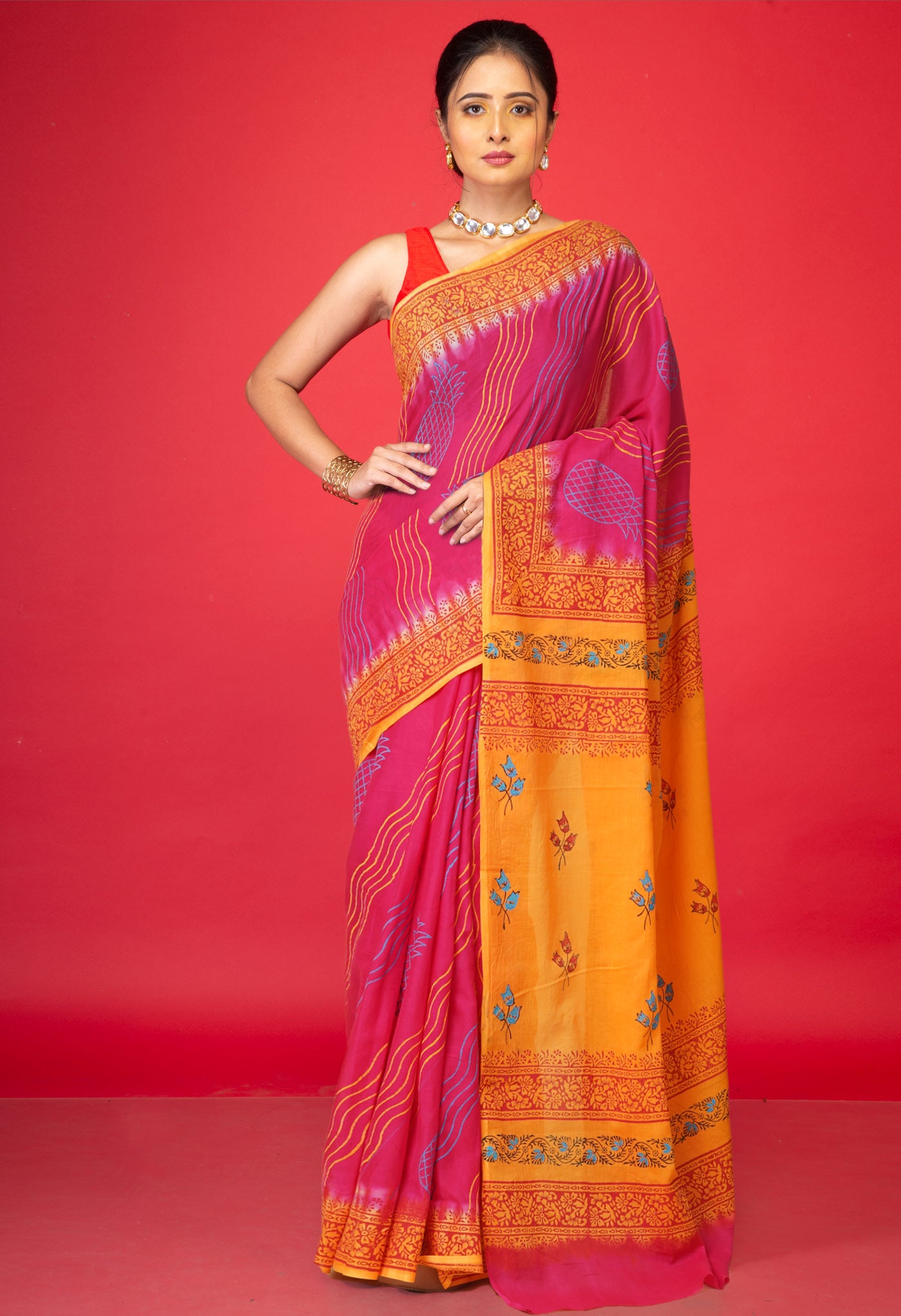 Pink Pure Hand Block Printed Soft Cotton Saree-UNM79209