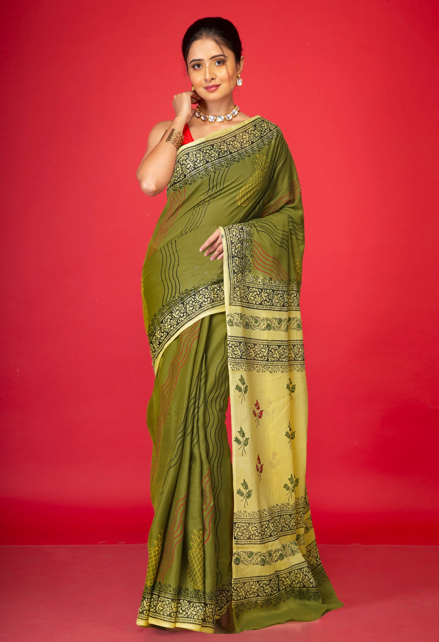 Green Pure Hand Block Printed Soft Cotton Saree-UNM79210