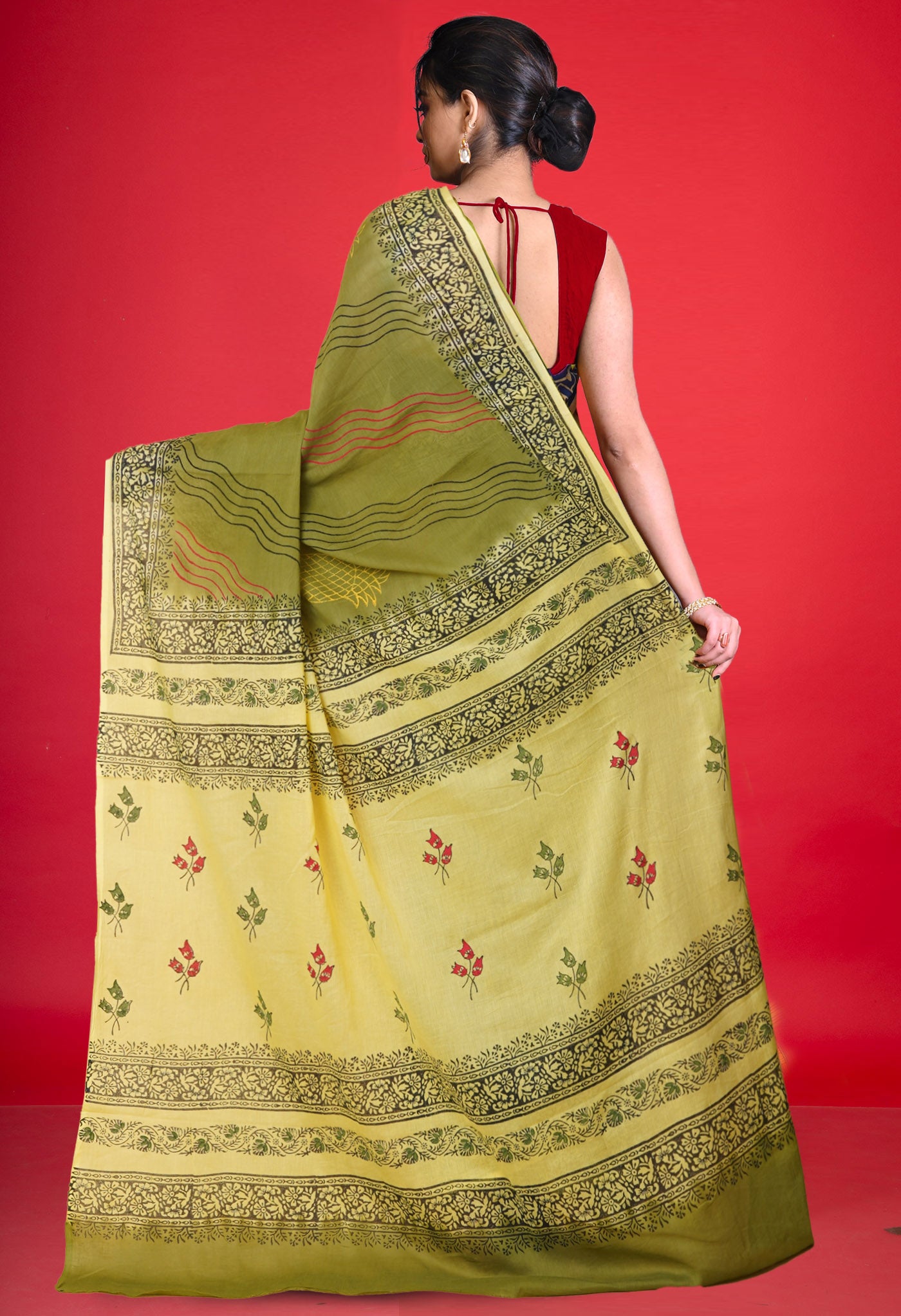 Green Pure Hand Block Printed Soft Cotton Saree-UNM79210