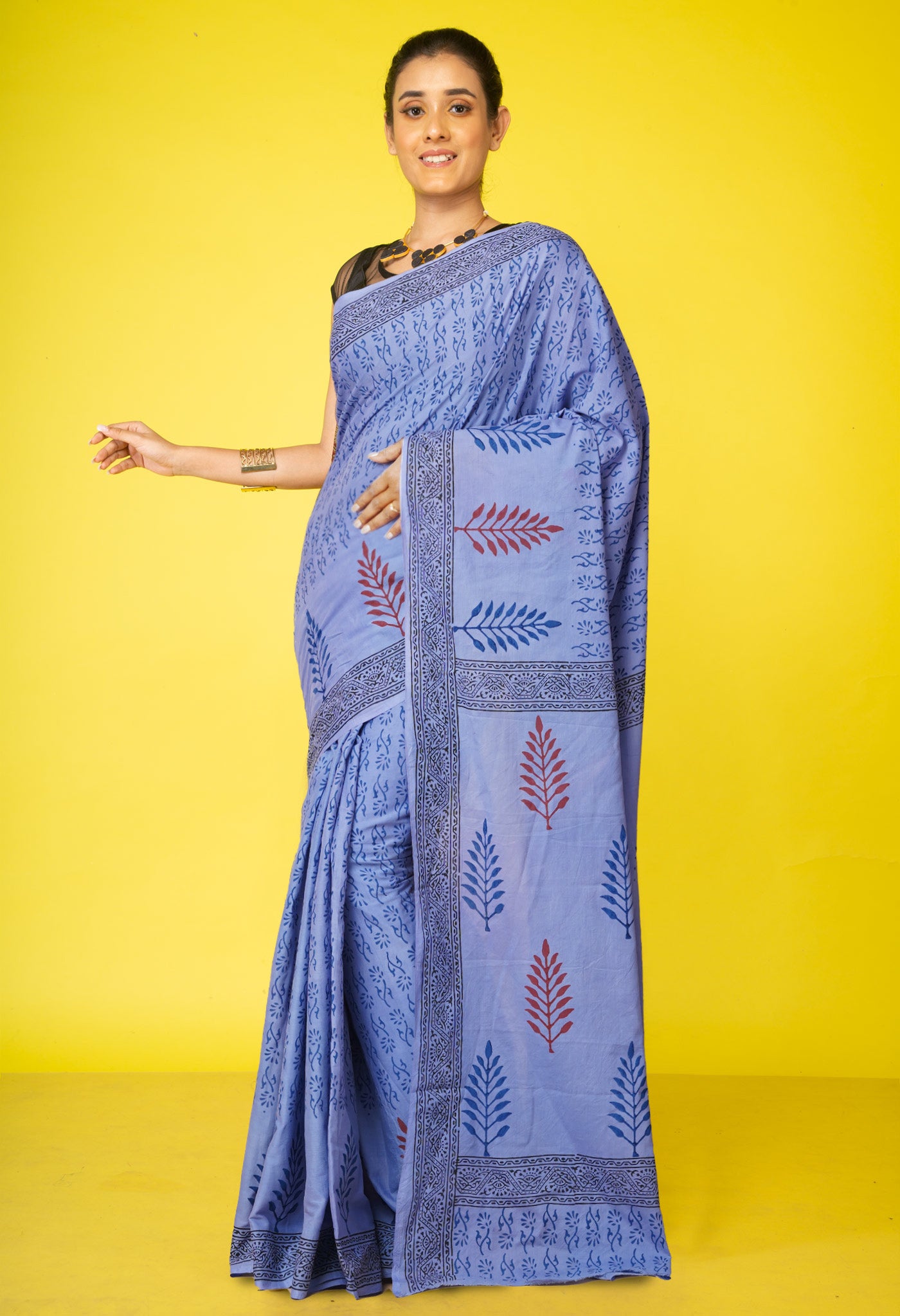 Blue Pure Hand Block Printed Soft Cotton Saree-UNM79211