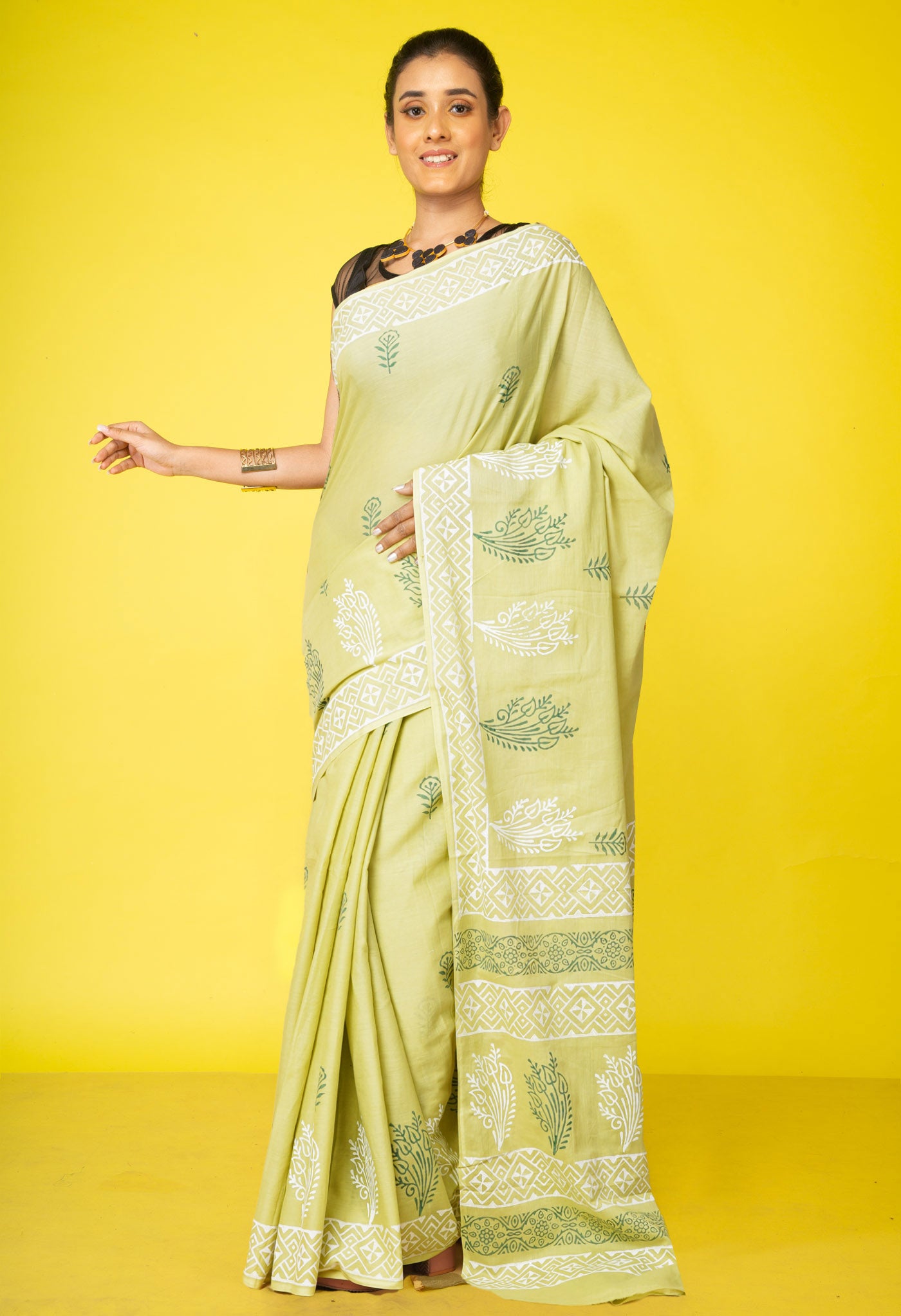 Green Pure Hand Block Printed Soft Cotton Saree-UNM79212