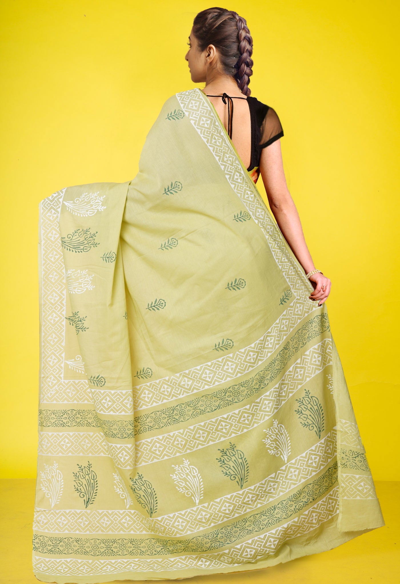 Green Pure Hand Block Printed Soft Cotton Saree-UNM79212