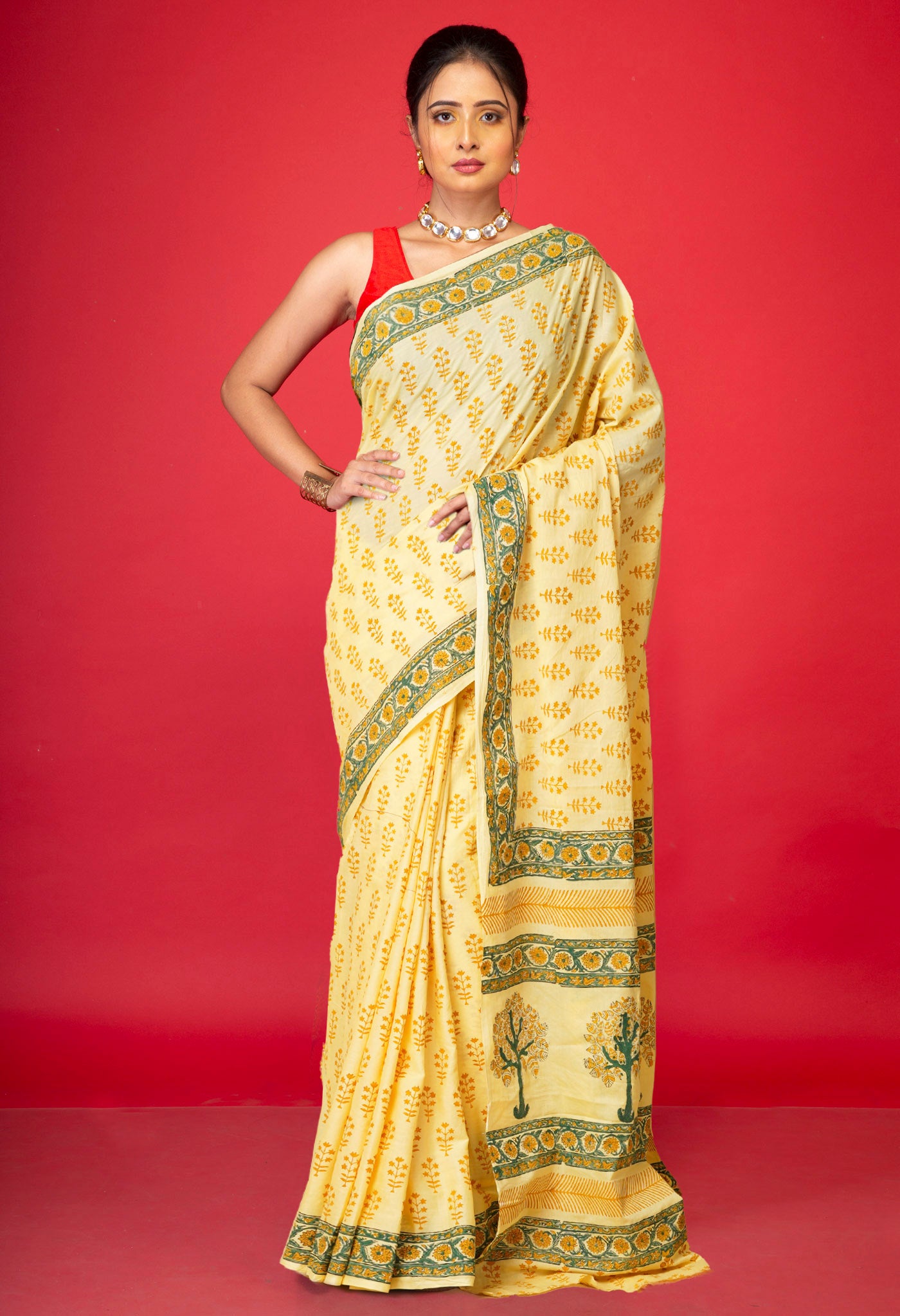 Cream Pure Hand Block Printed Soft Cotton Saree-UNM79213