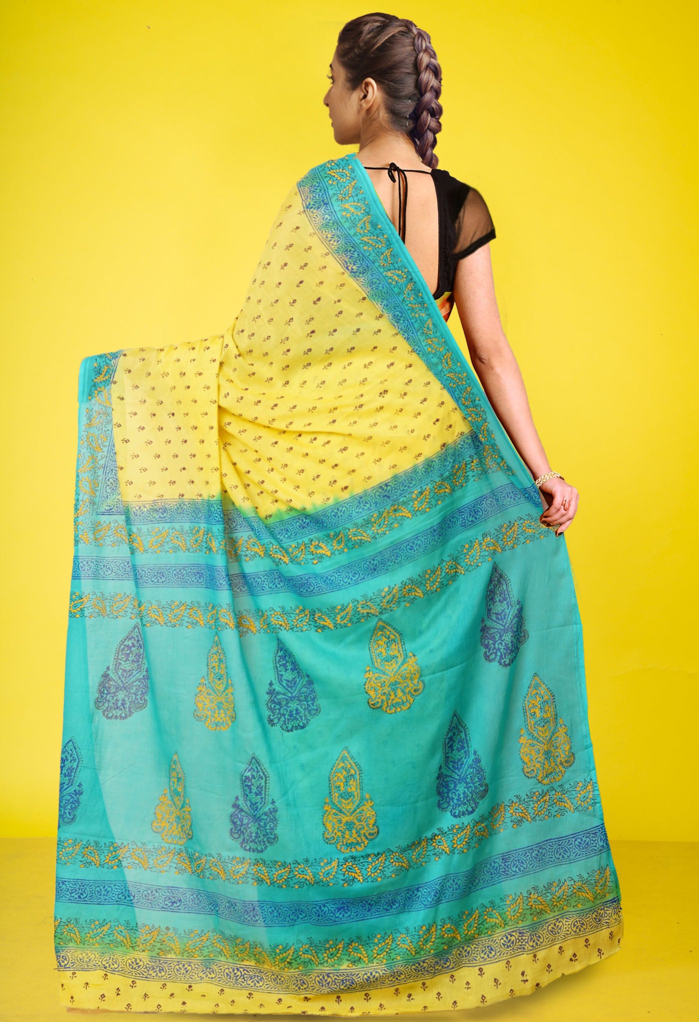 Yellow Pure Hand Block Printed Soft Cotton Saree