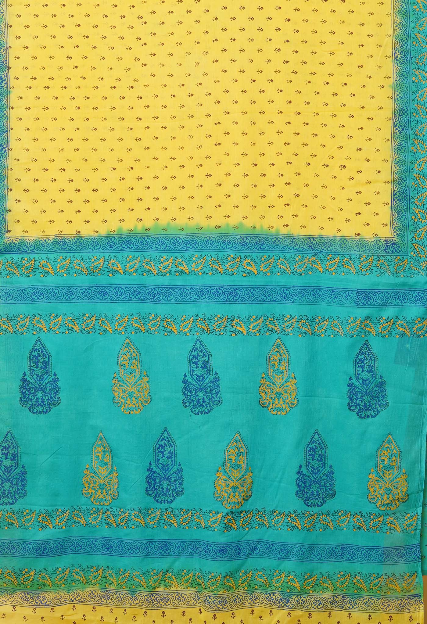 Yellow Pure Hand Block Printed Soft Cotton Saree