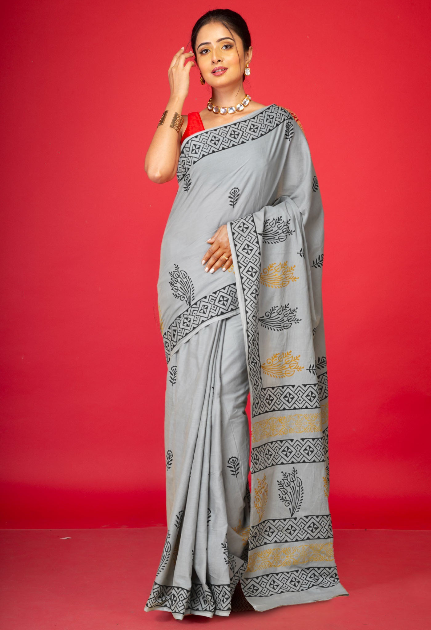 Grey Pure Hand Block Printed Soft Cotton Saree