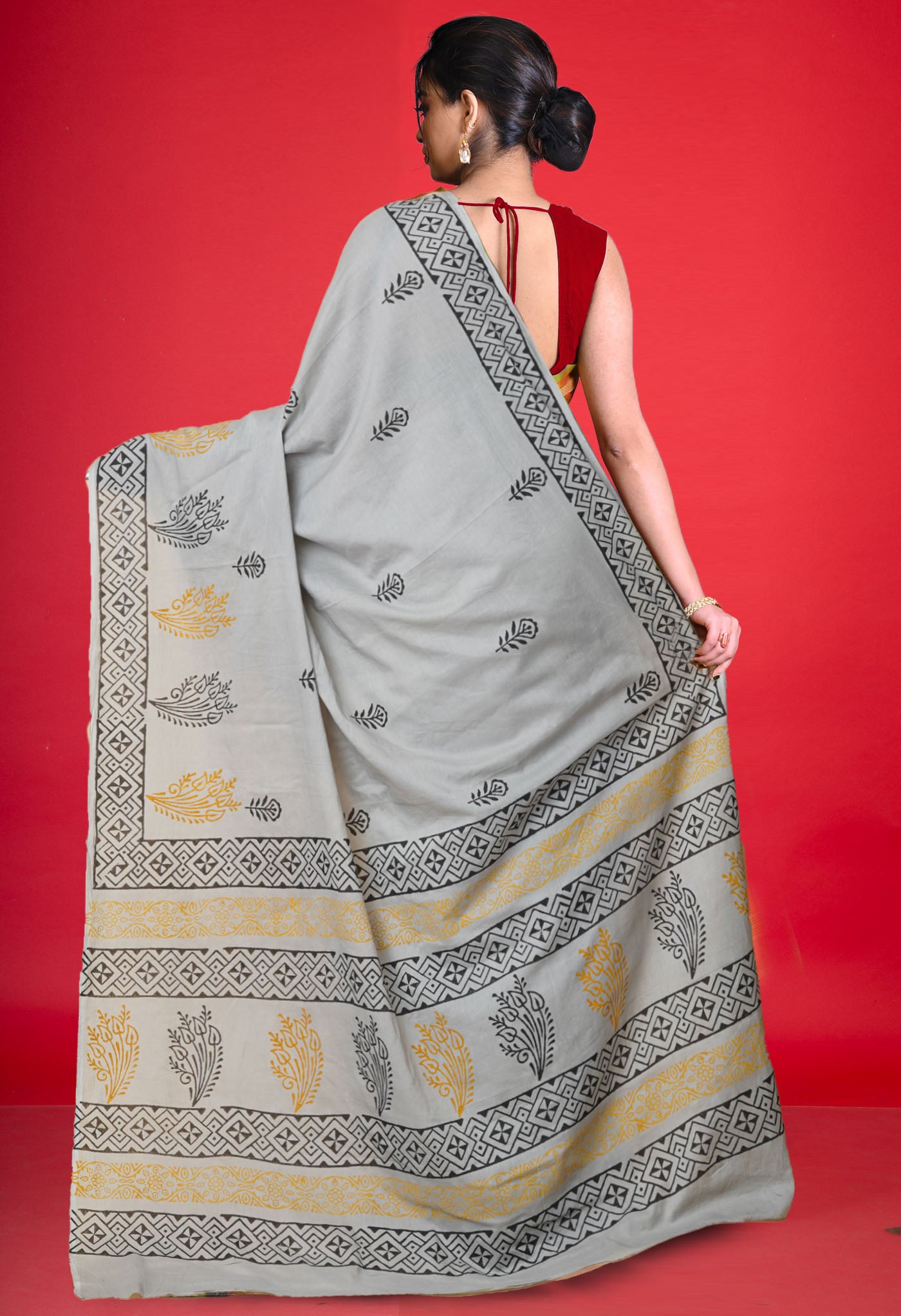 Grey Pure Hand Block Printed Soft Cotton Saree