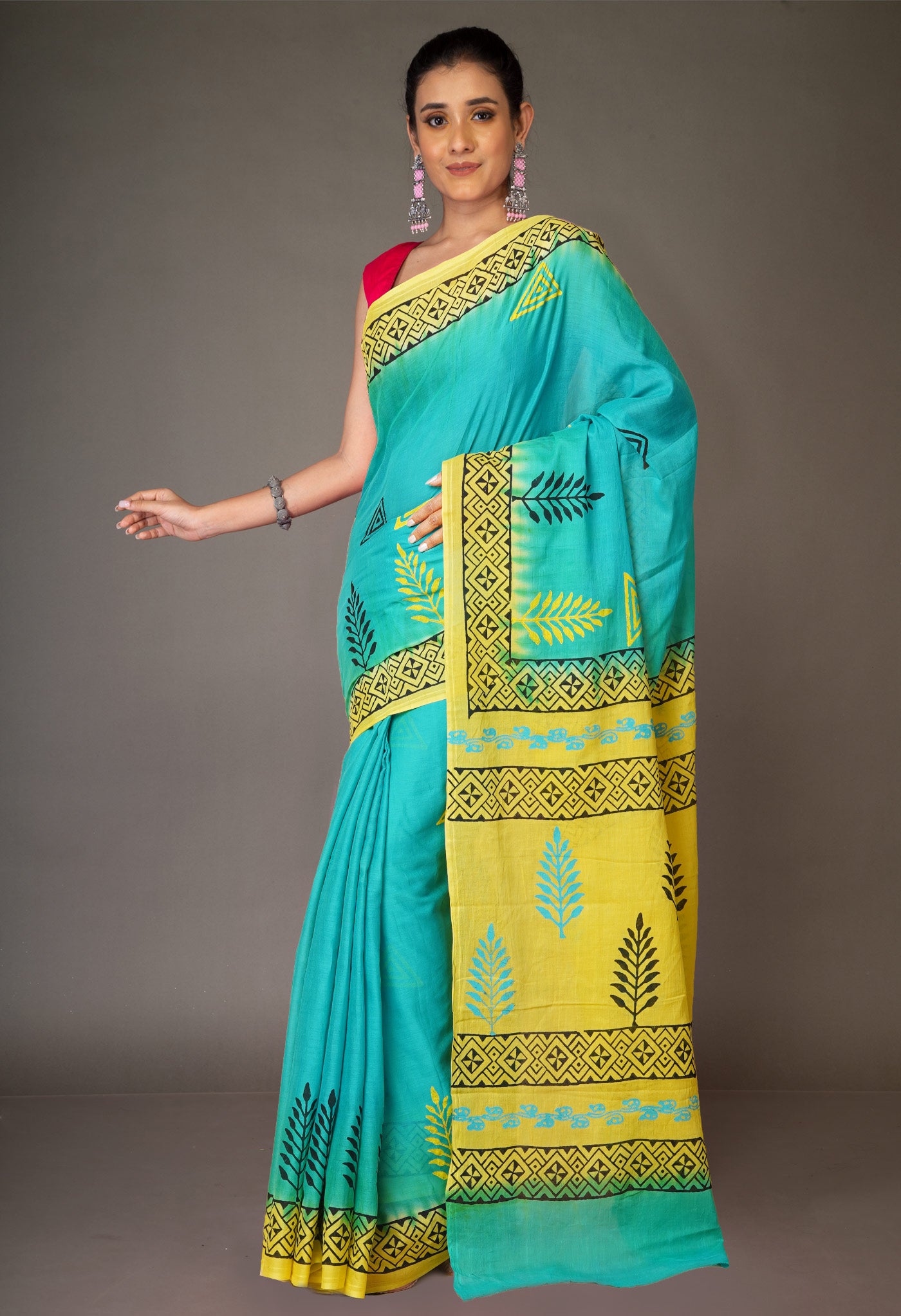 Blue Pure Hand Block Printed Soft Cotton Saree-UNM79222