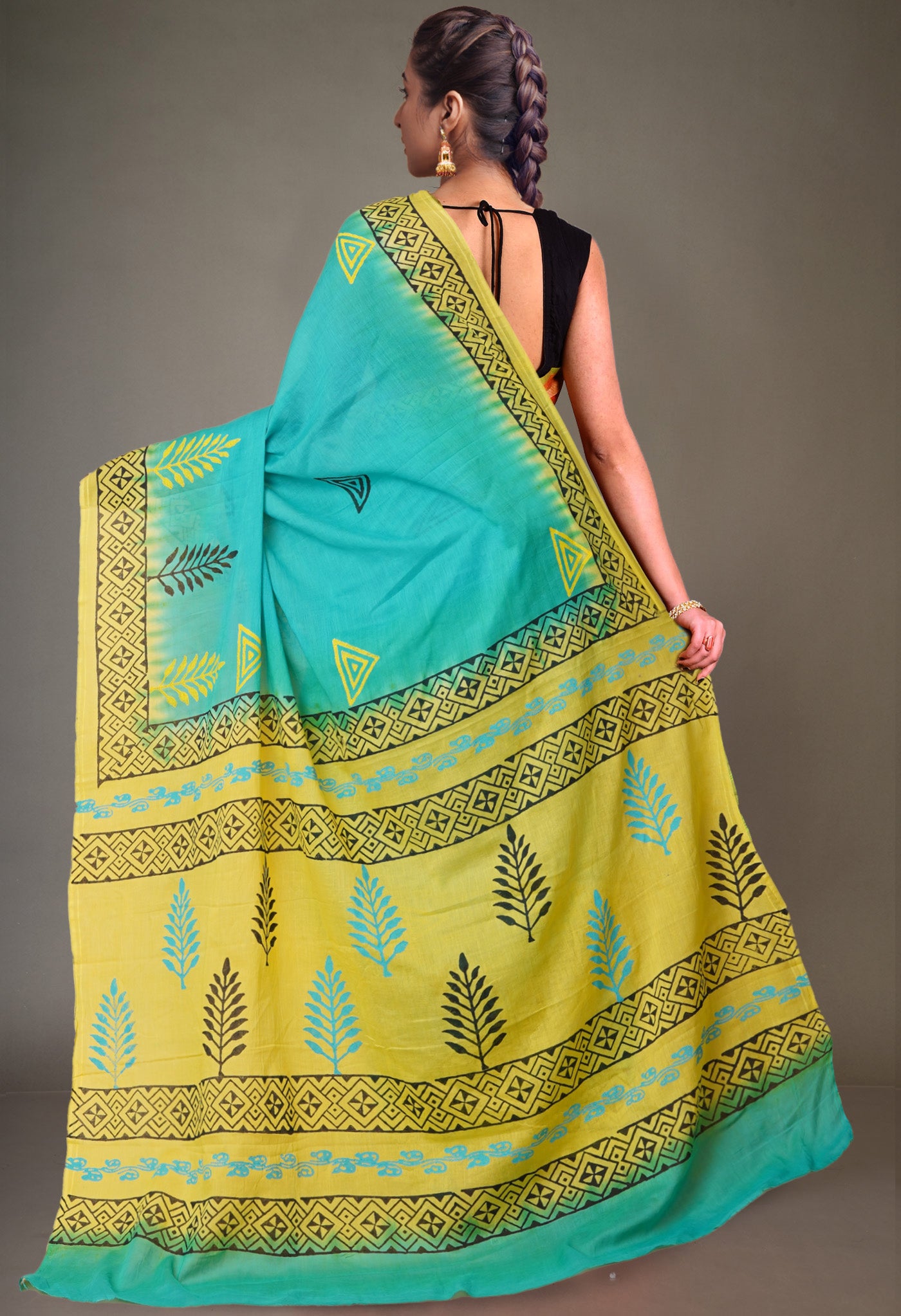 Blue Pure Hand Block Printed Soft Cotton Saree-UNM79222