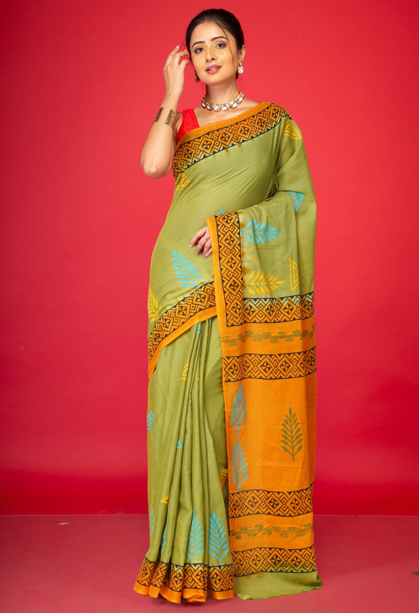 Green Pure Hand Block Printed Soft Cotton Saree