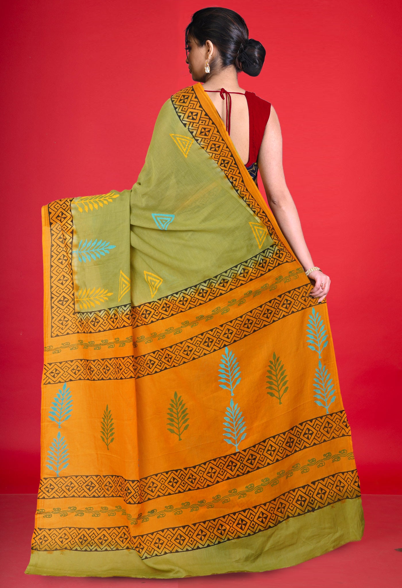 Green Pure Hand Block Printed Soft Cotton Saree