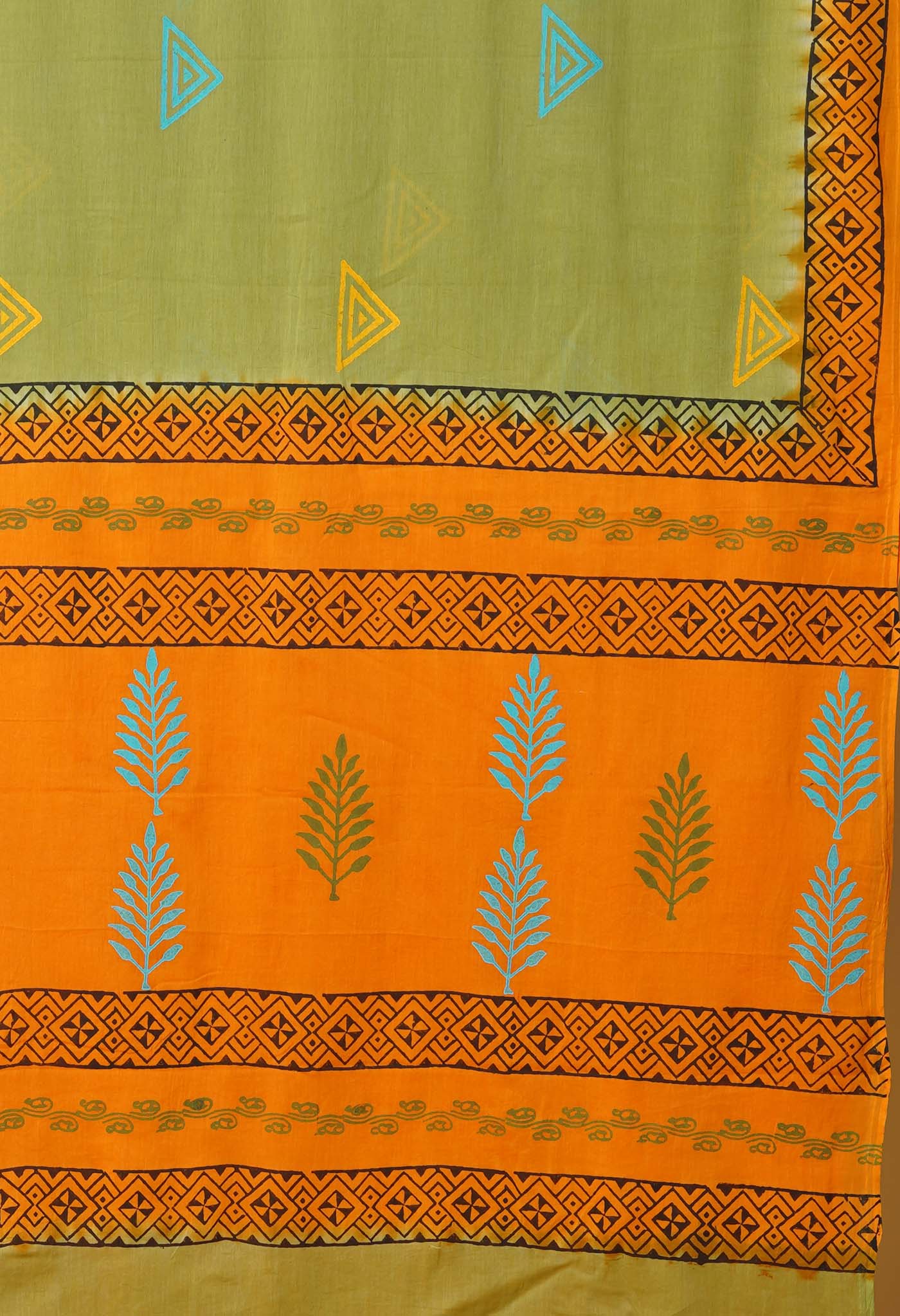 Green Pure Hand Block Printed Soft Cotton Saree