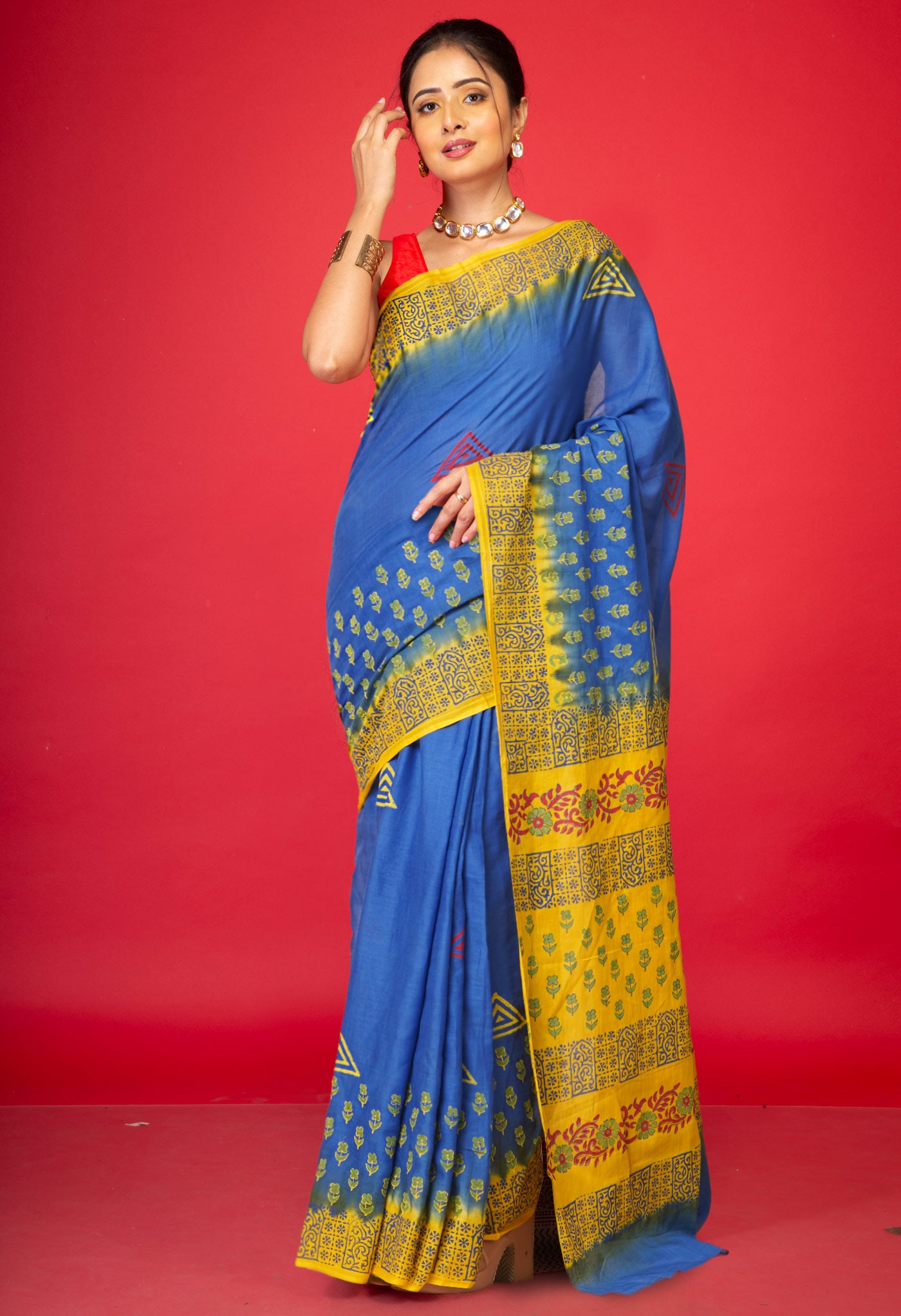 Blue Pure Hand Block Printed Soft Cotton Saree-UNM79224