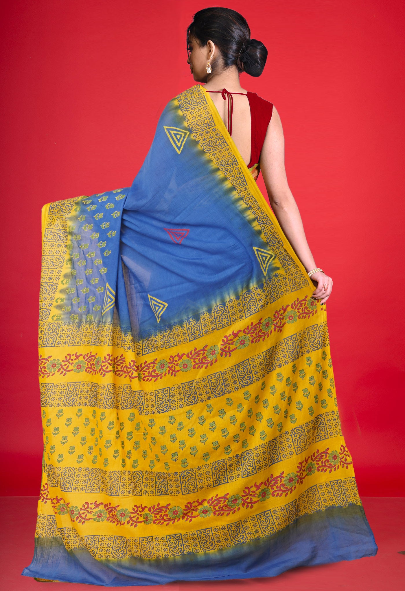 Blue Pure Hand Block Printed Soft Cotton Saree-UNM79224