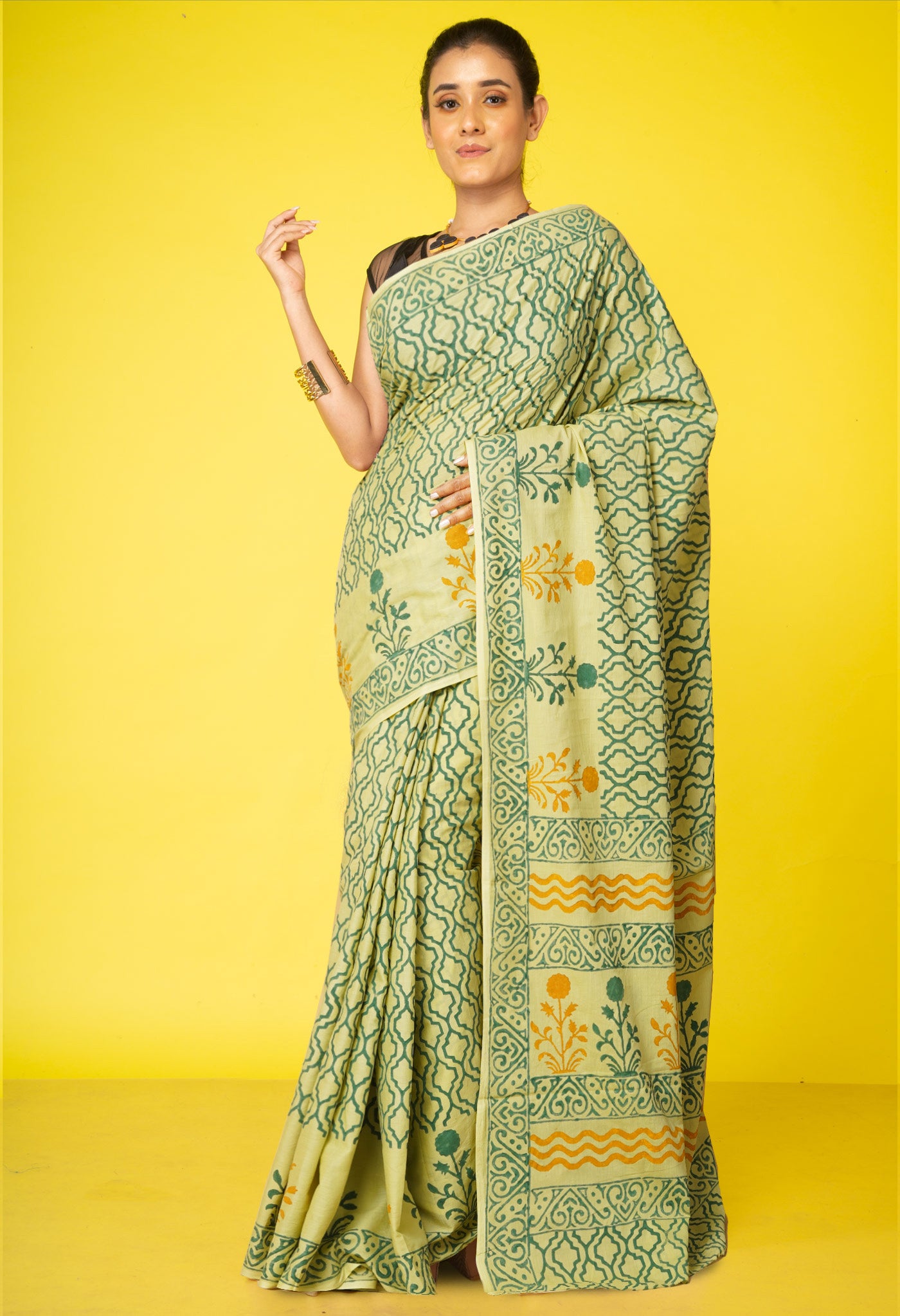 Green Pure Hand Block Printed Soft Cotton Saree-UNM79225