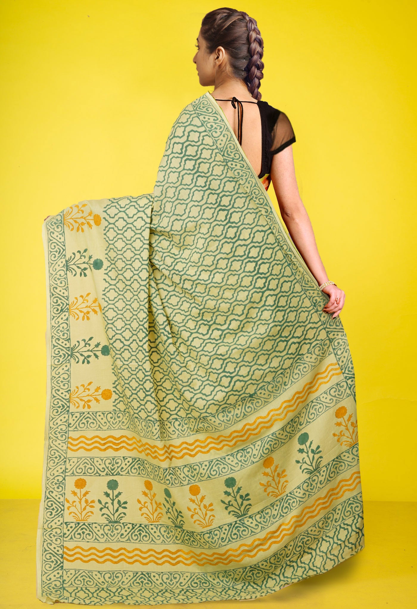 Green Pure Hand Block Printed Soft Cotton Saree-UNM79225