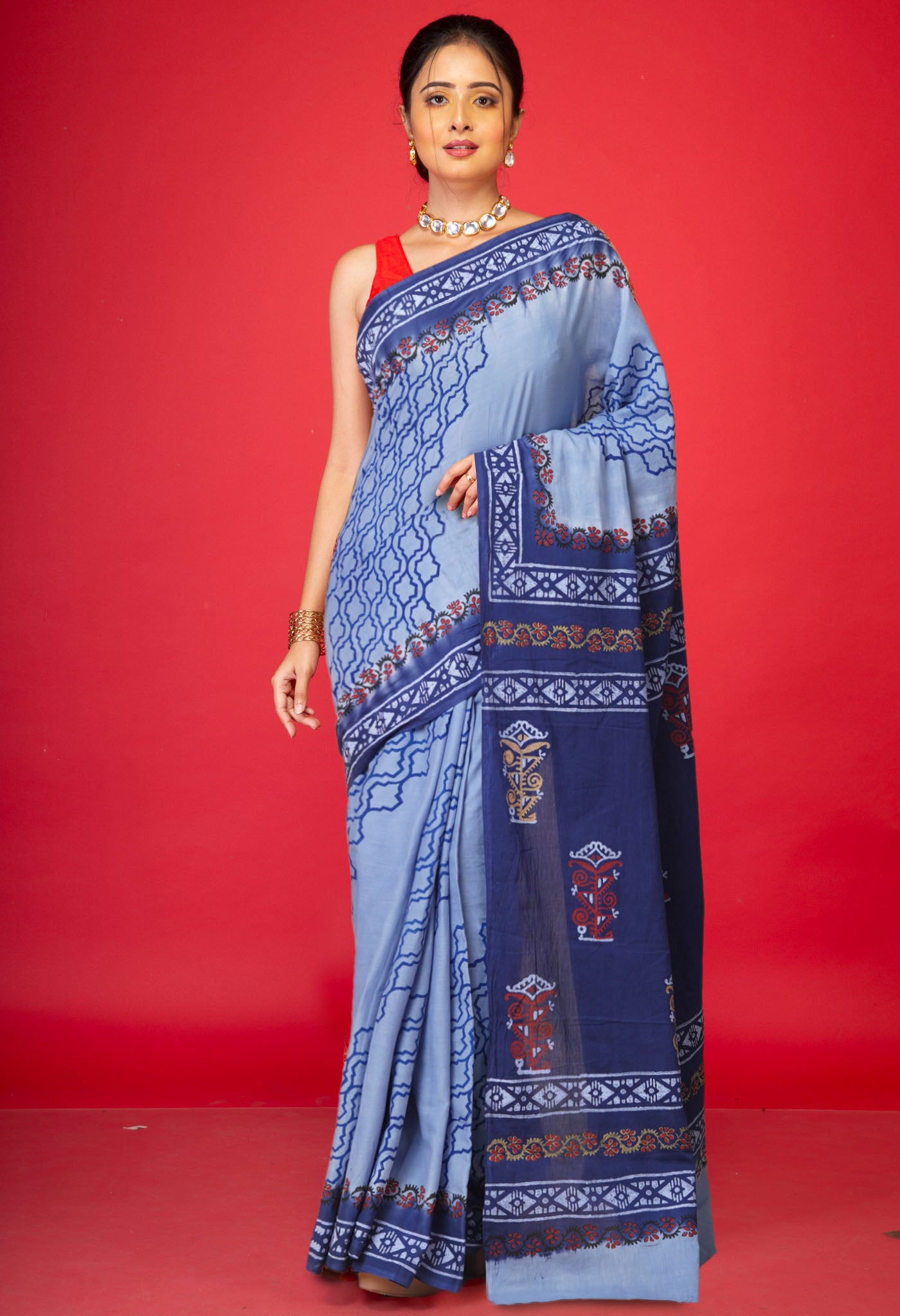 Blue Pure Hand Block Printed Soft Cotton Saree-UNM79226