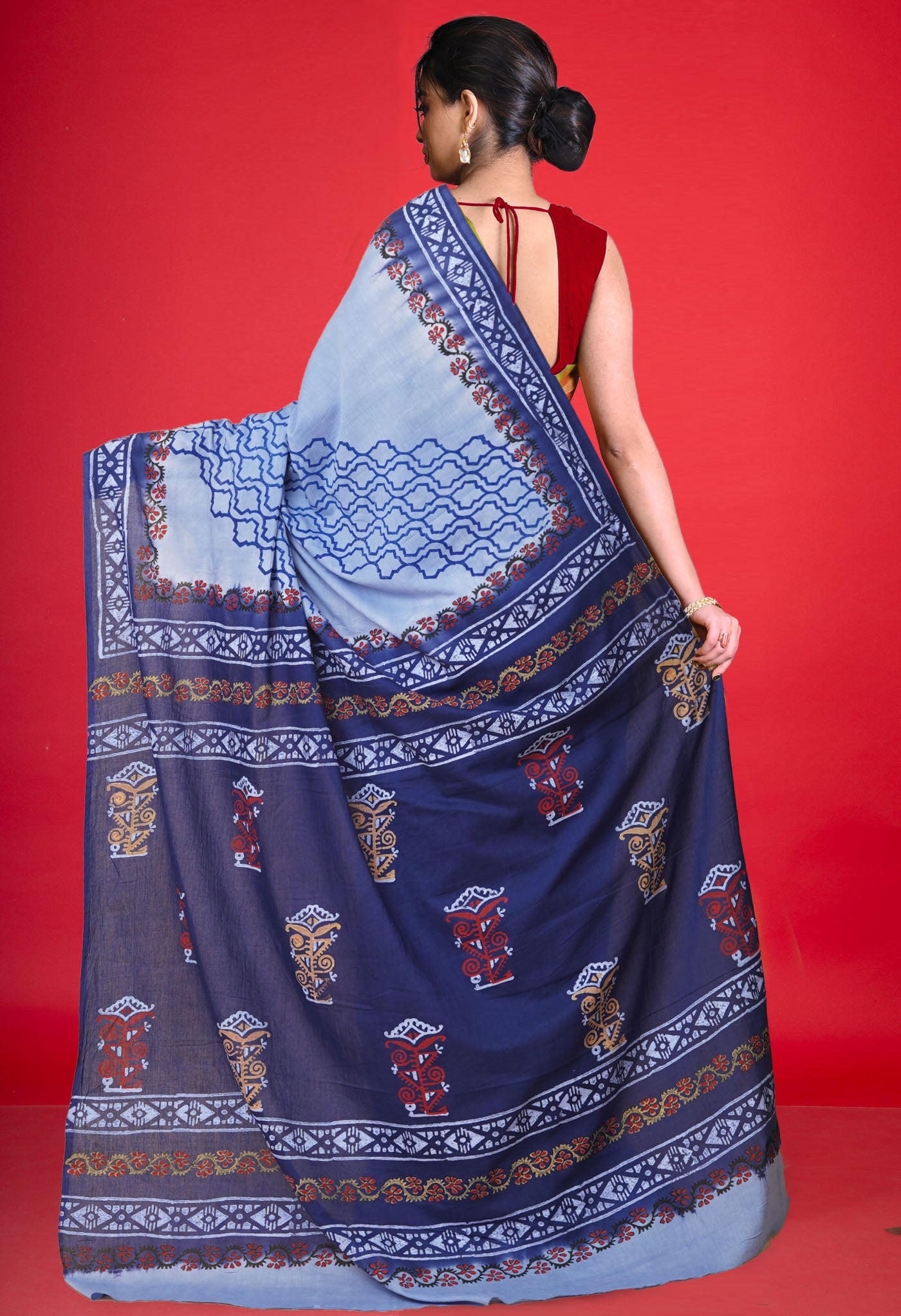 Blue Pure Hand Block Printed Soft Cotton Saree-UNM79226