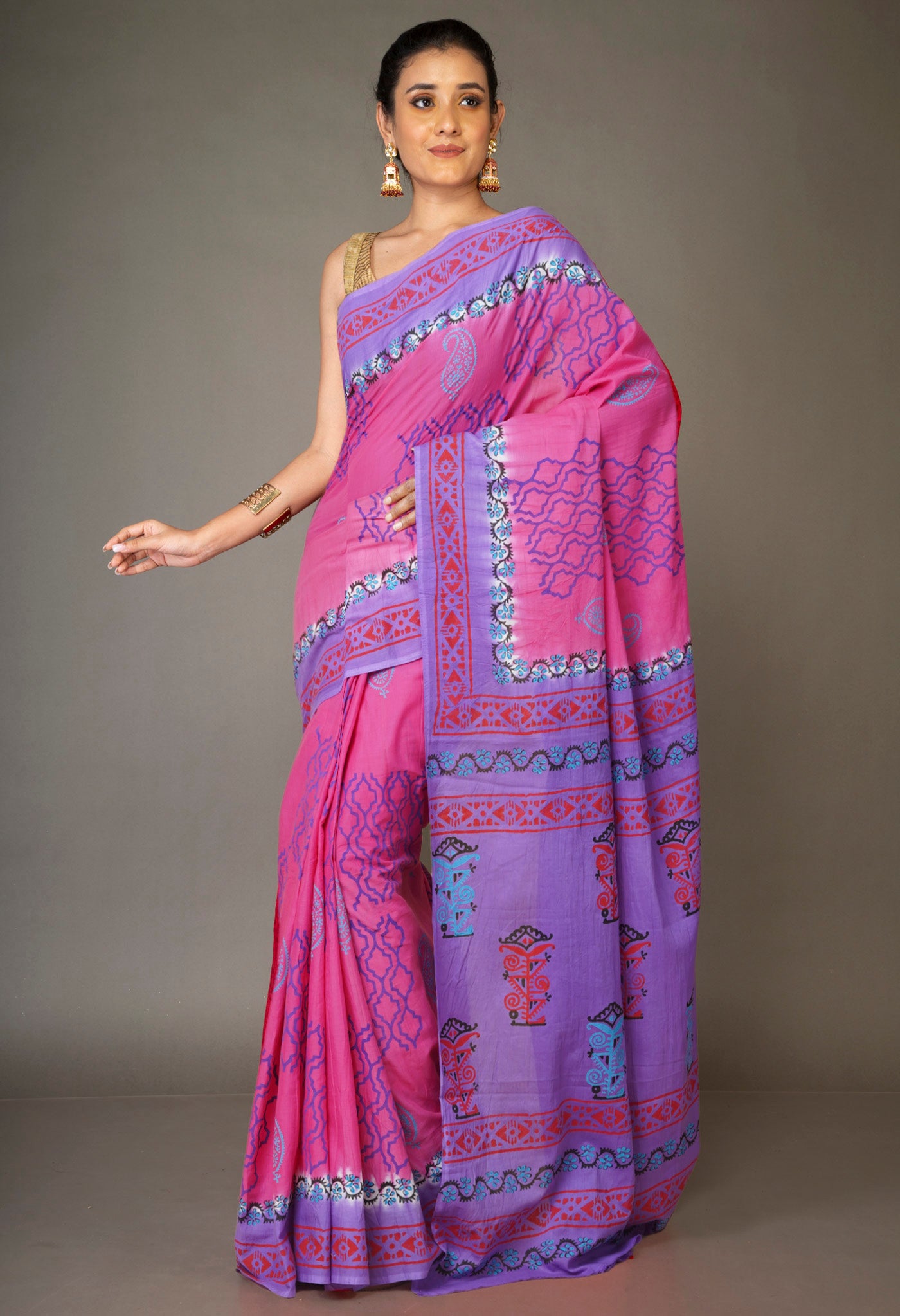 Pink Pure Hand Block Printed Soft Cotton Saree-UNM79227