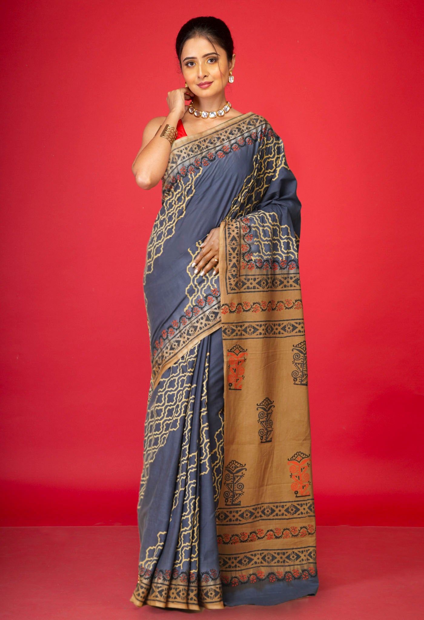 Grey Pure Hand Block Printed Soft Cotton Saree