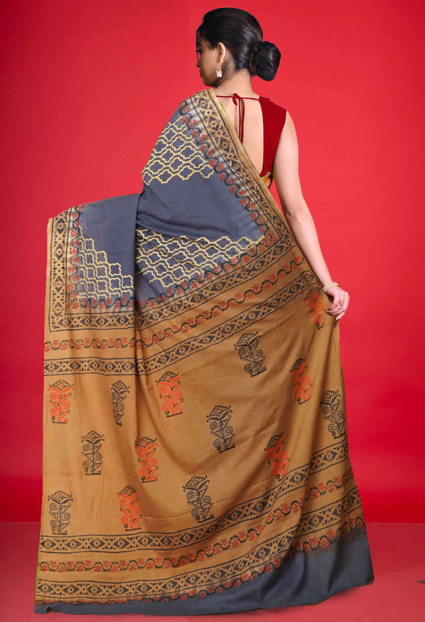 Grey Pure Hand Block Printed Soft Cotton Saree