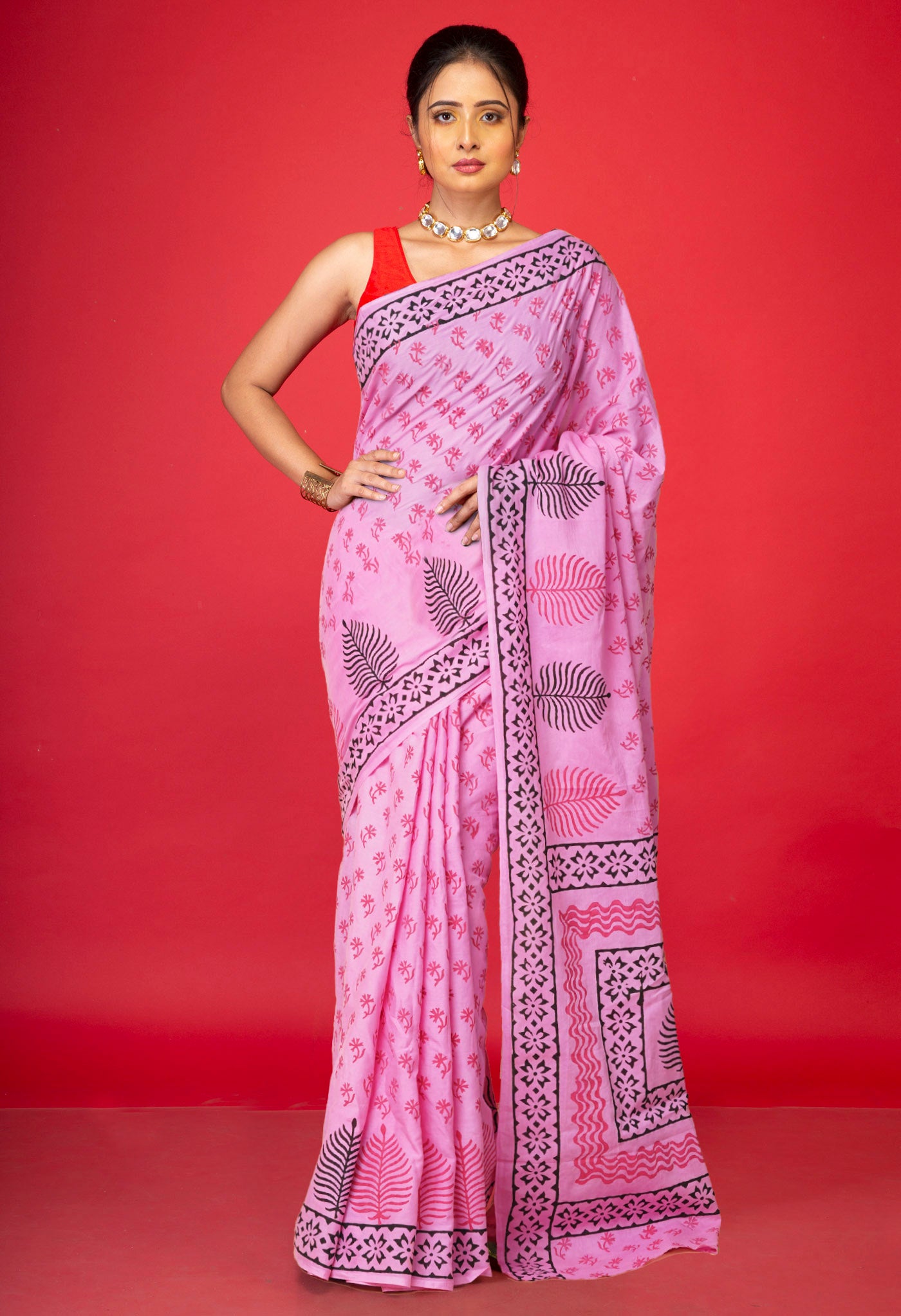 Pink Pure Hand Block Printed Soft Cotton Saree-UNM79230