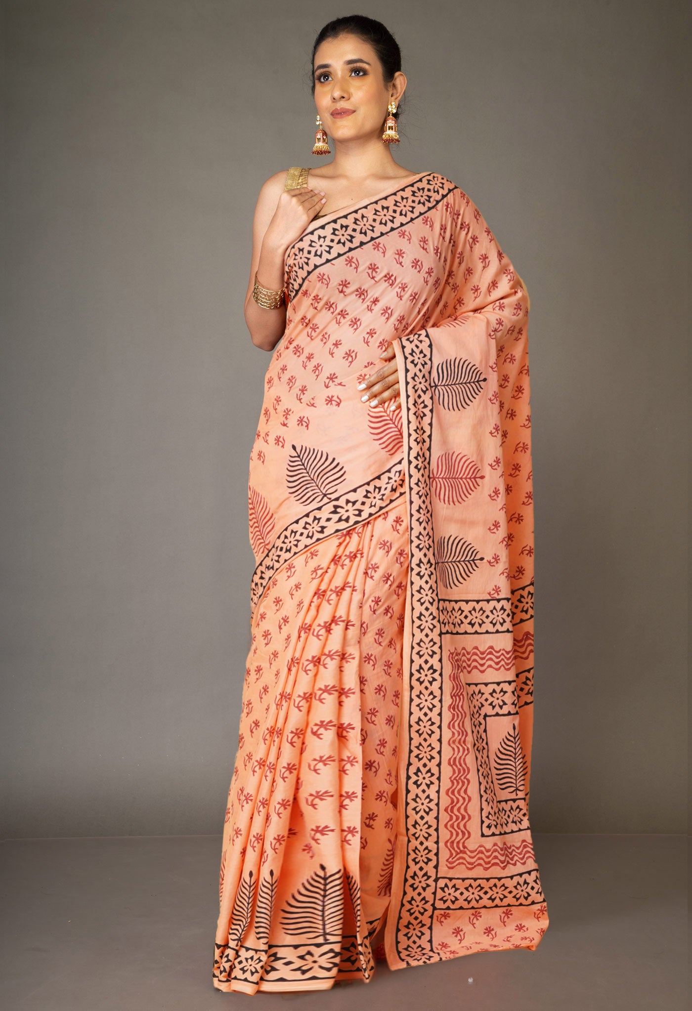 Orange Pure Hand Block Printed Soft Cotton Saree