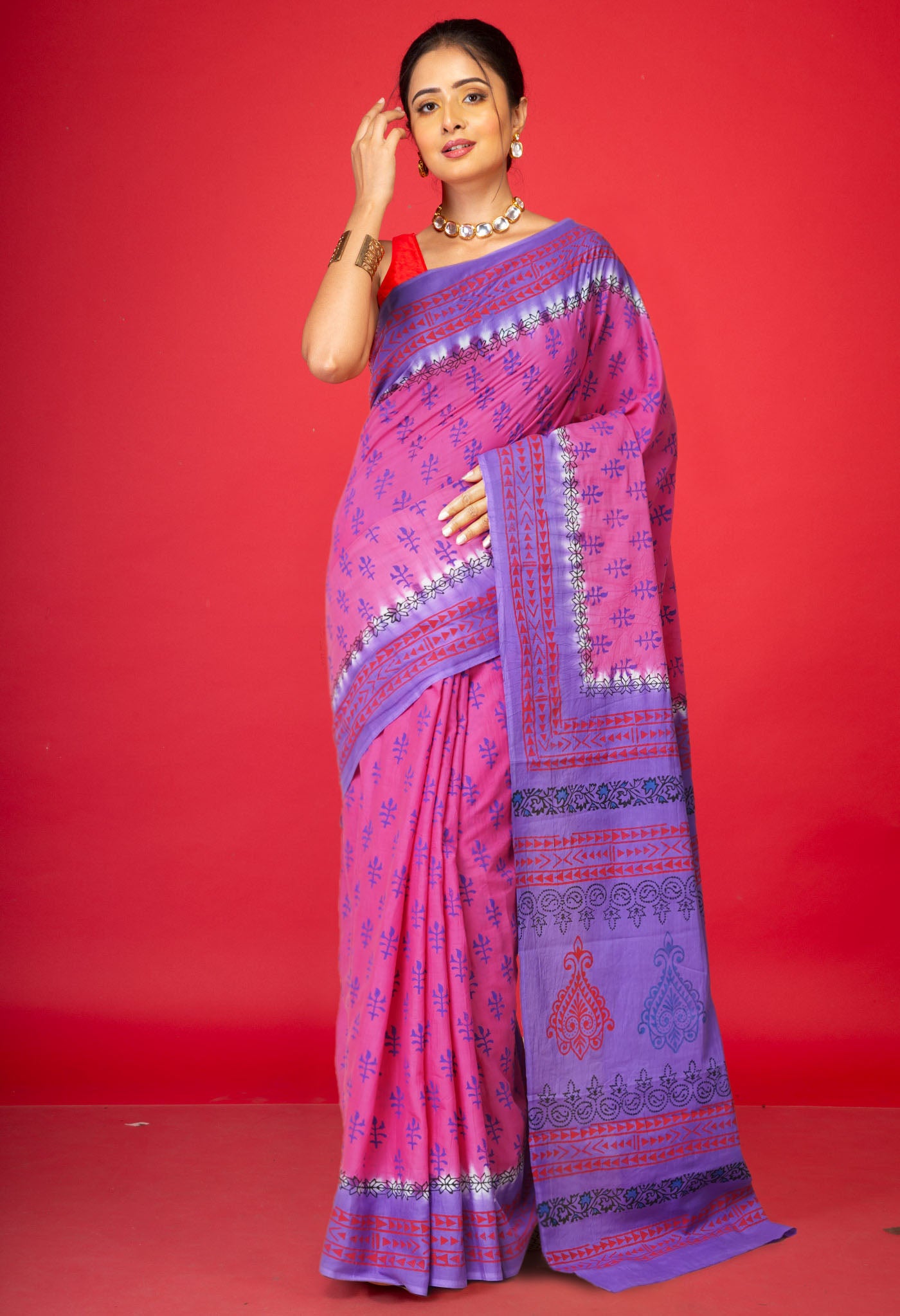 Pink Pure Hand Block Printed Soft Cotton Saree-UNM79232