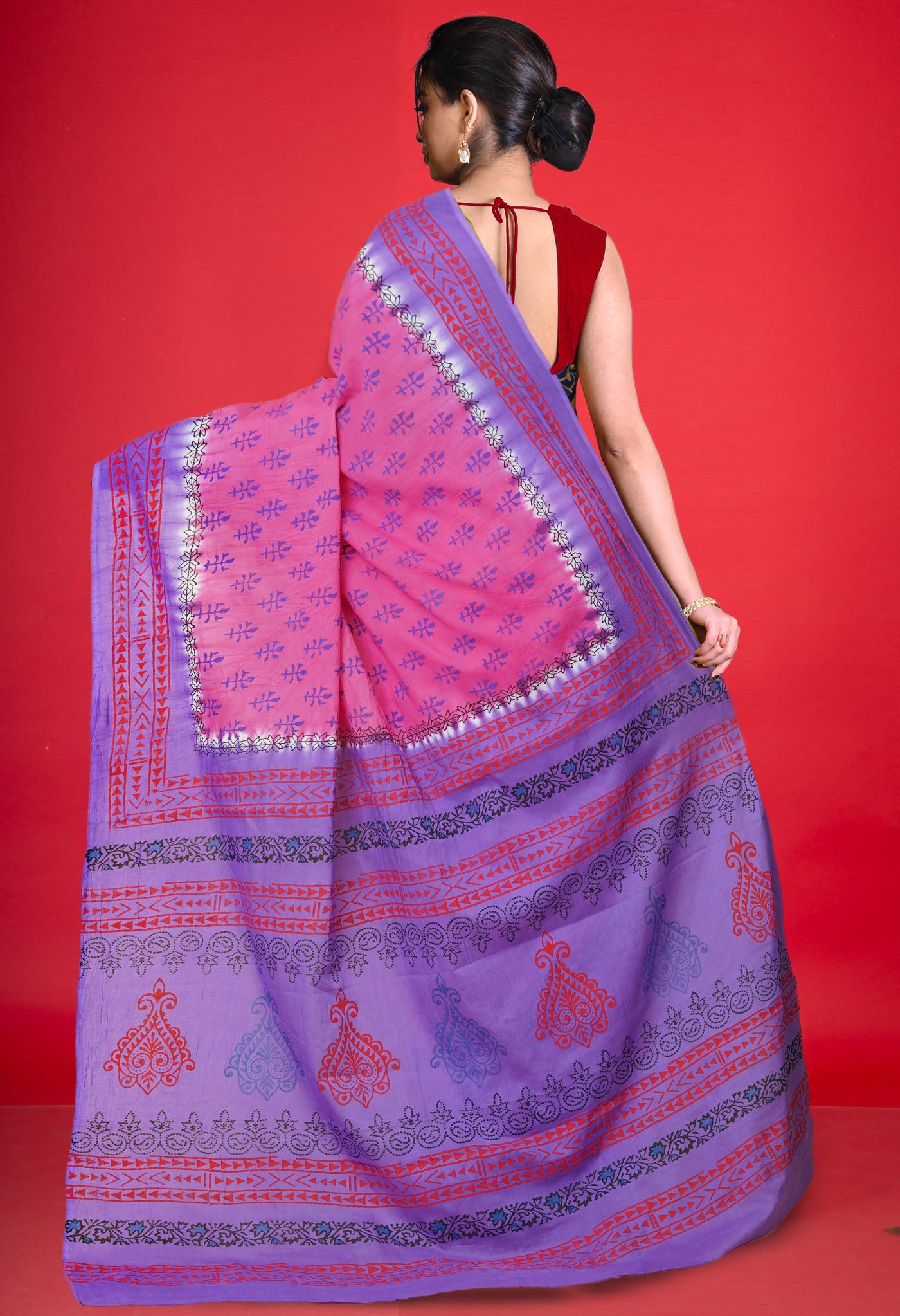 Pink Pure Hand Block Printed Soft Cotton Saree-UNM79232