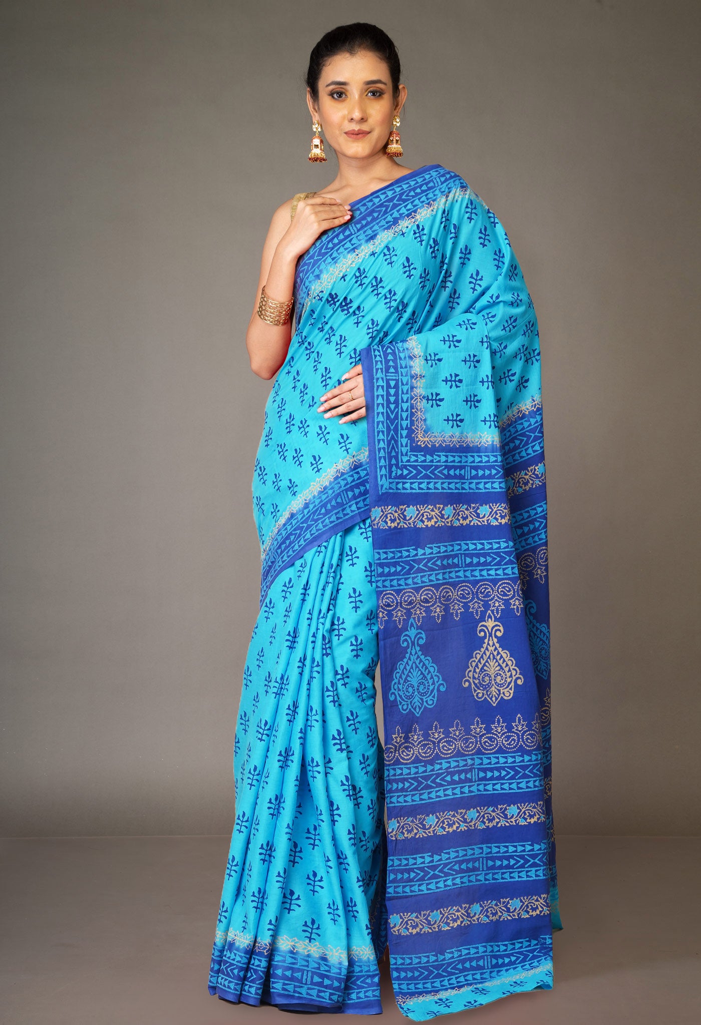 Blue Pure Hand Block Printed Soft Cotton Saree-UNM79233