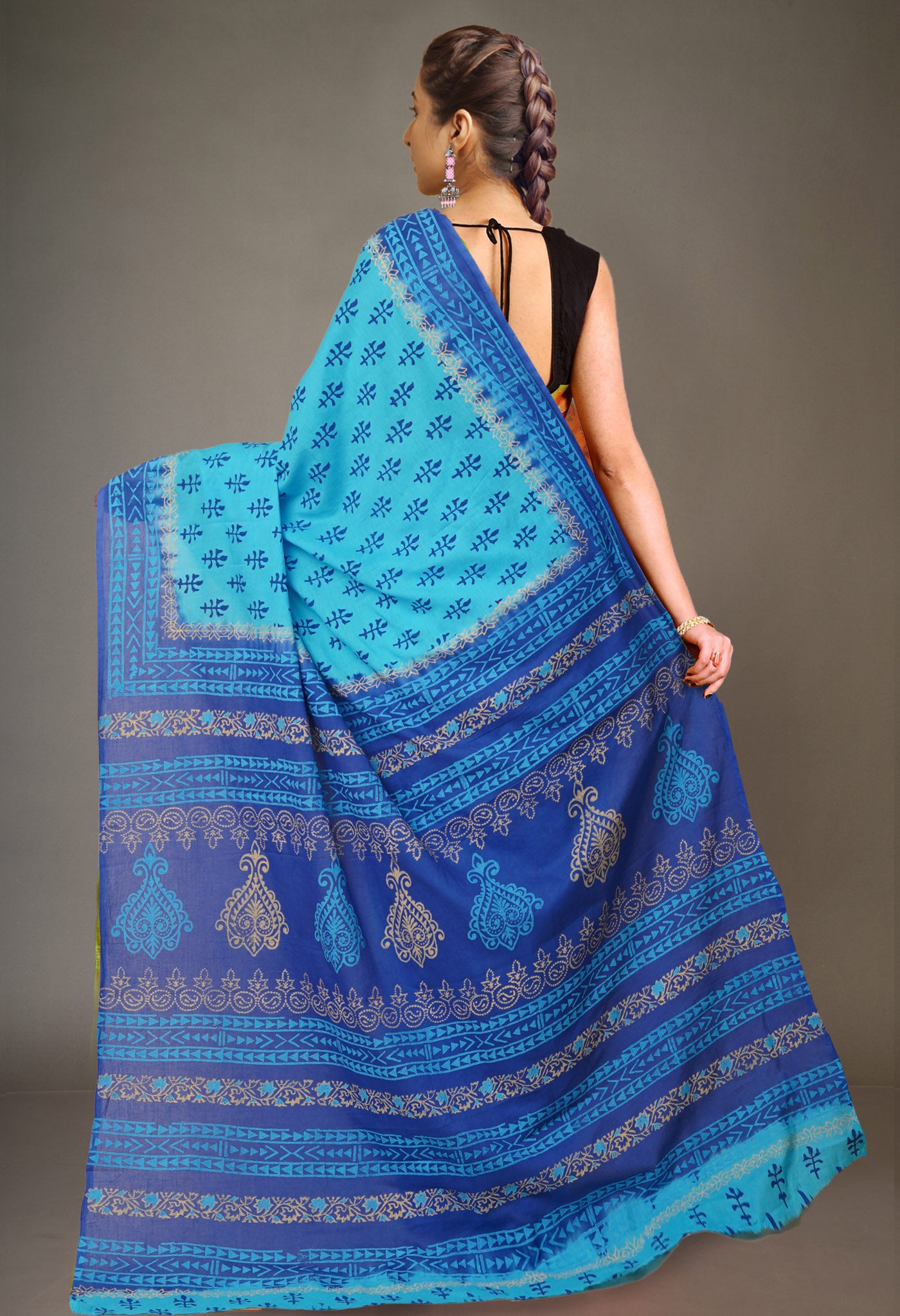 Blue Pure Hand Block Printed Soft Cotton Saree-UNM79233