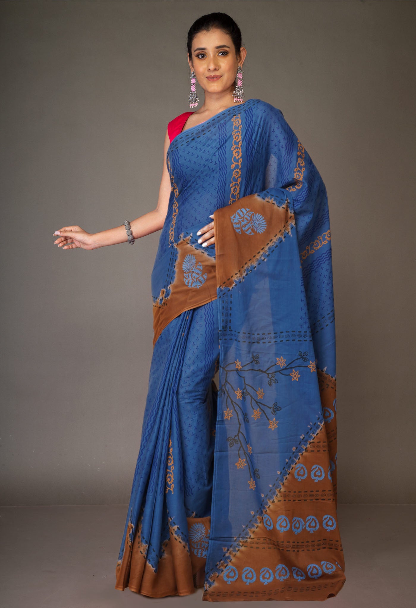 Blue Pure Hand Block Printed Soft Cotton Saree-UNM79235