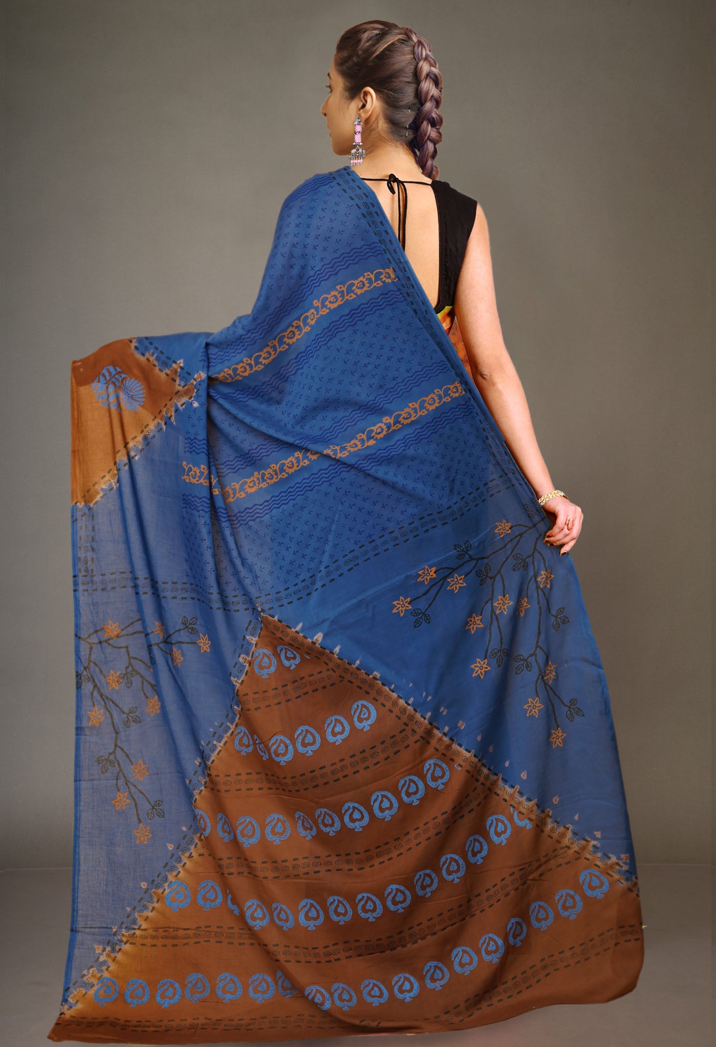 Blue Pure Hand Block Printed Soft Cotton Saree-UNM79235