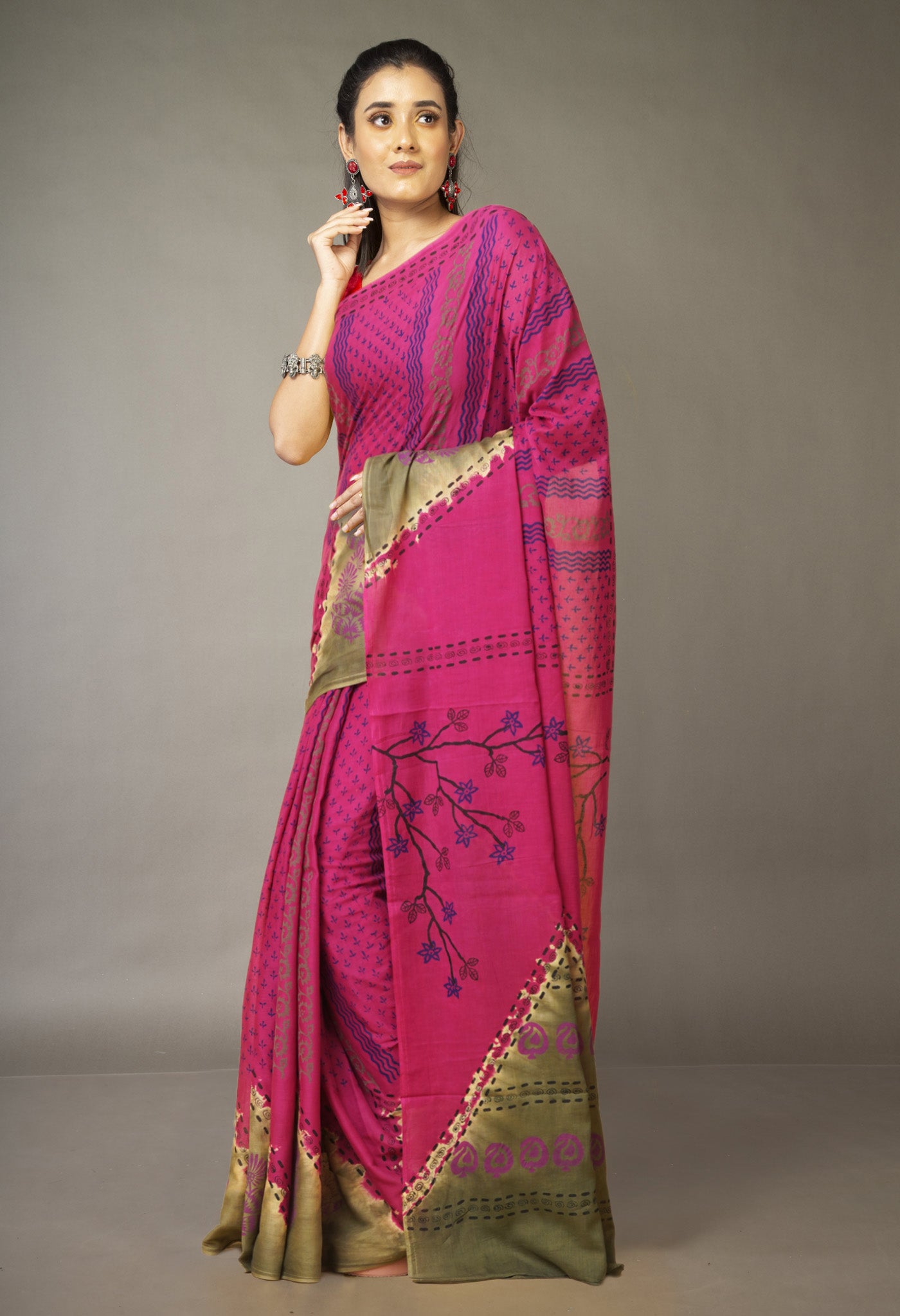 Pink Pure Hand Block Printed Soft Cotton Saree-UNM79236