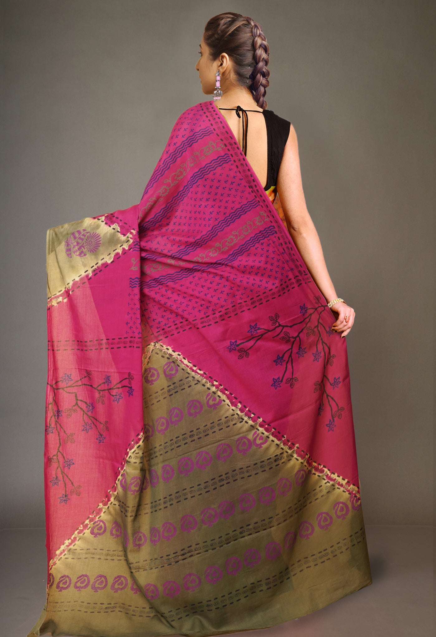 Pink Pure Hand Block Printed Soft Cotton Saree-UNM79236