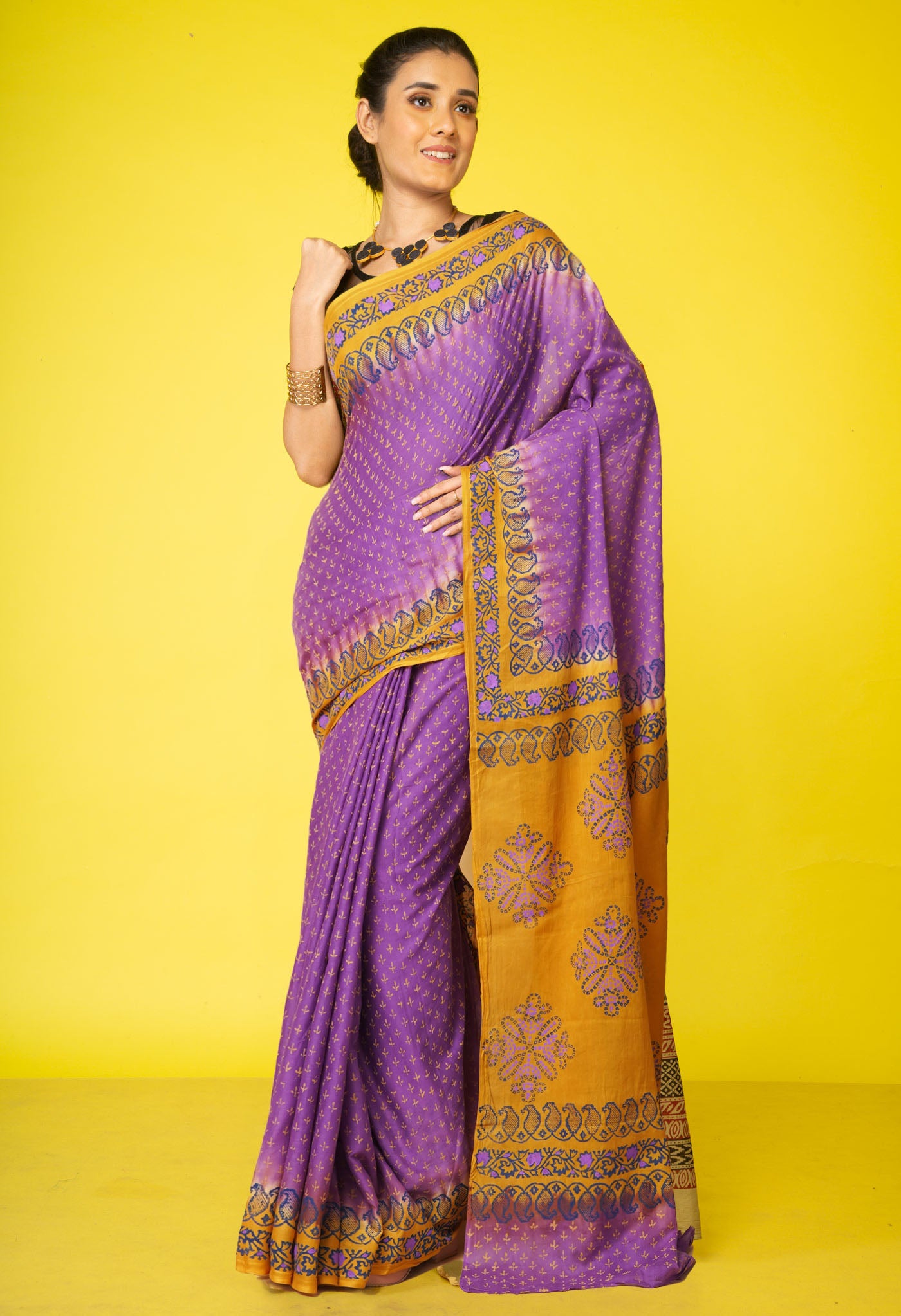 Purple Pure Hand Block Printed Soft Cotton Saree