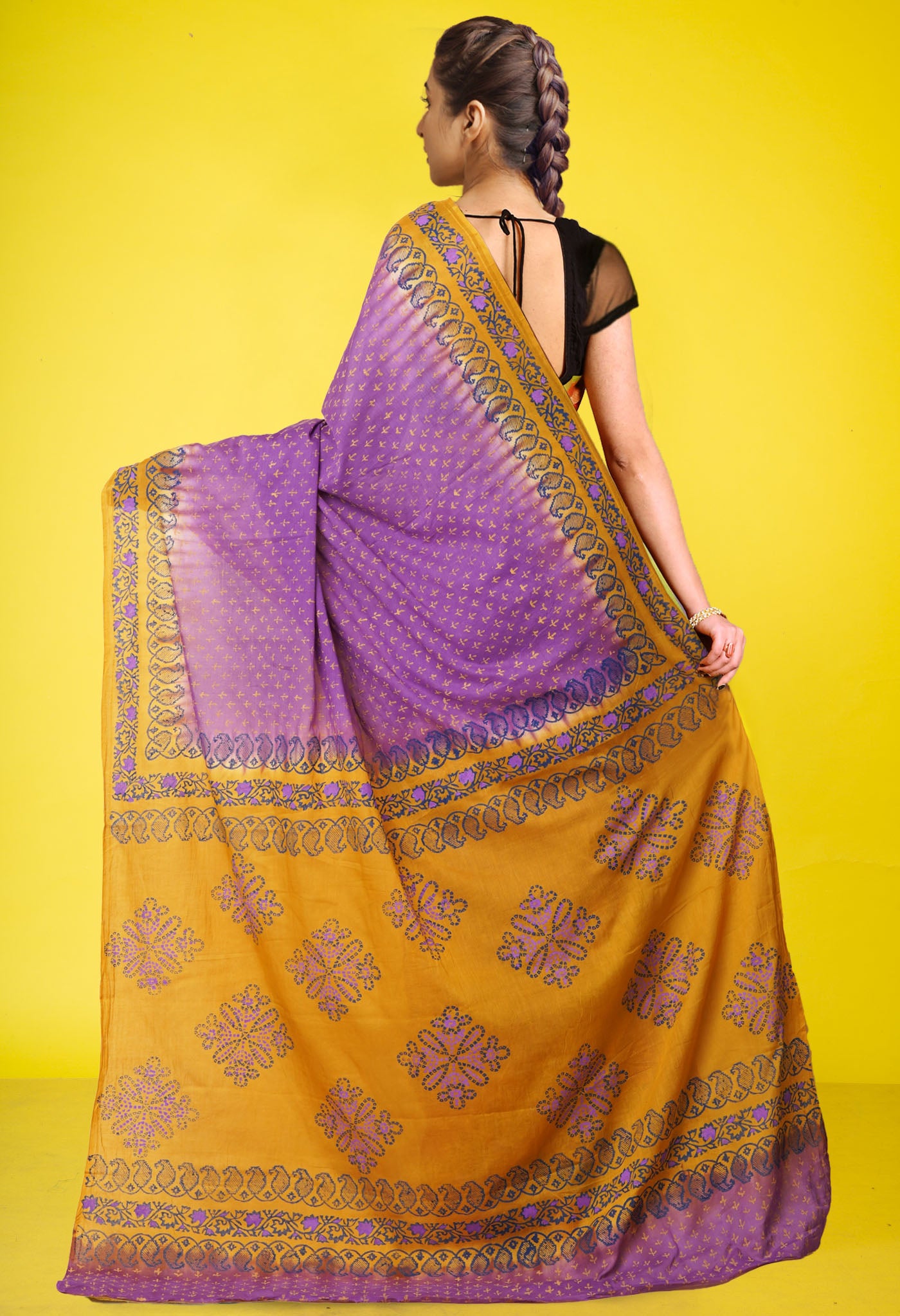 Purple Pure Hand Block Printed Soft Cotton Saree