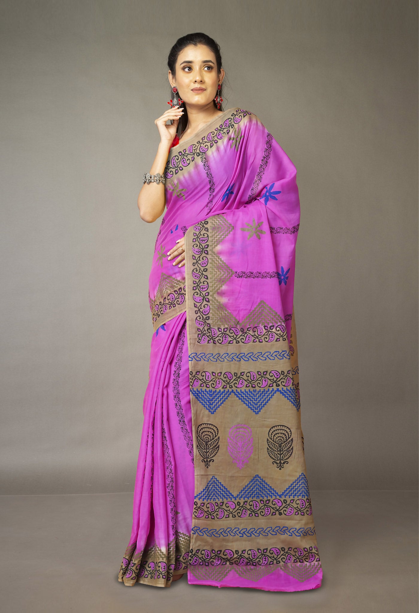 Purple Pure Hand Block Printed Soft Cotton Saree-UNM79261