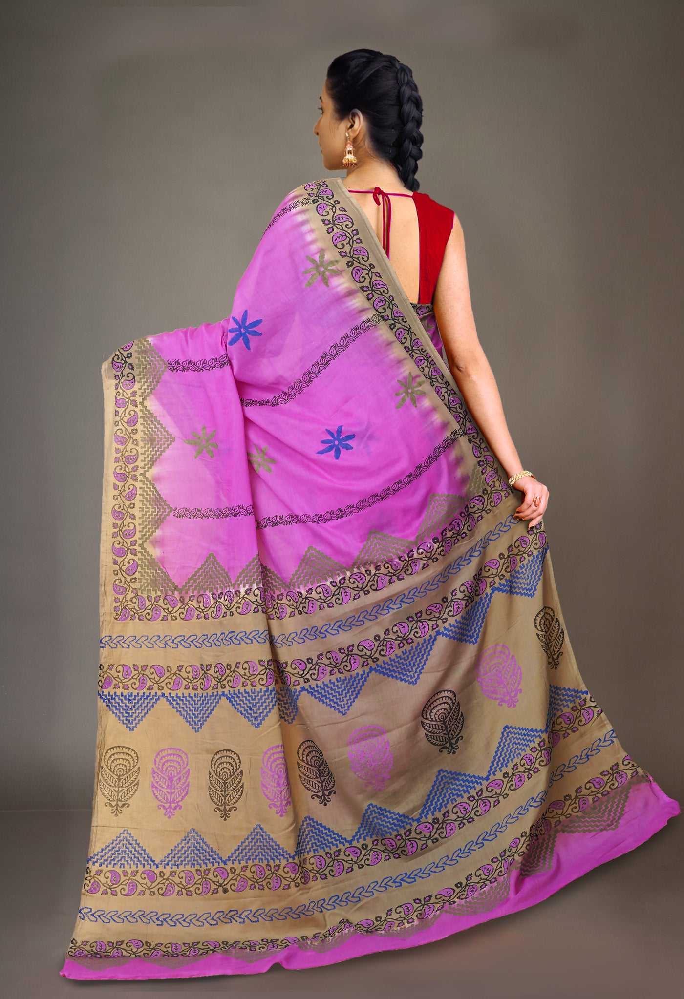 Purple Pure Hand Block Printed Soft Cotton Saree-UNM79261