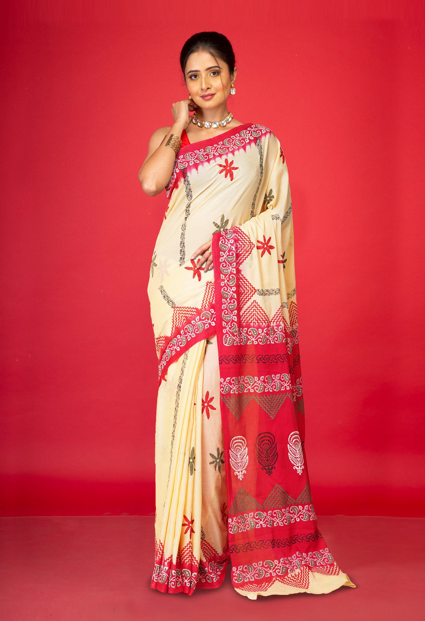 Cream Pure Hand Block Printed Soft Cotton Saree