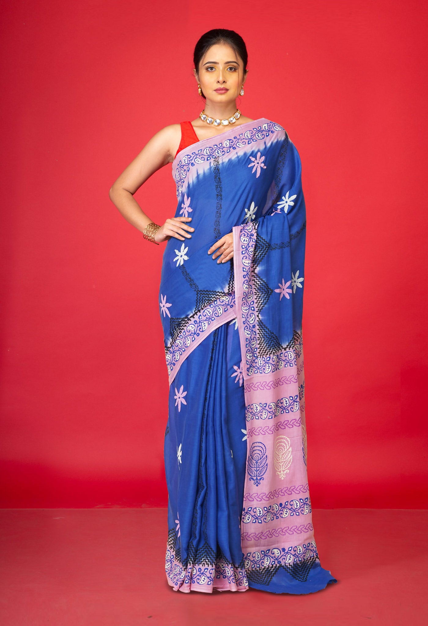 Blue Pure Hand Block Printed Soft Cotton Saree