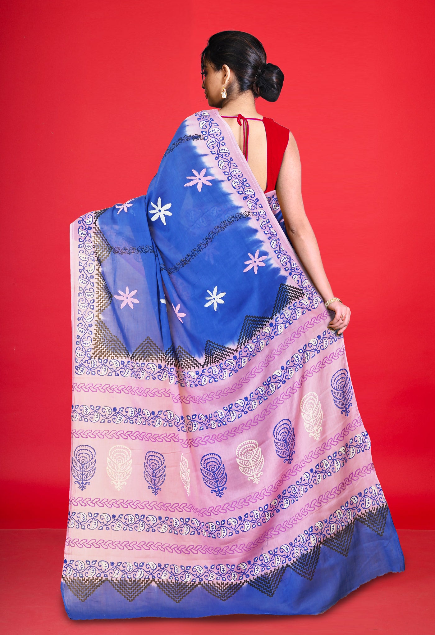 Blue Pure Hand Block Printed Soft Cotton Saree