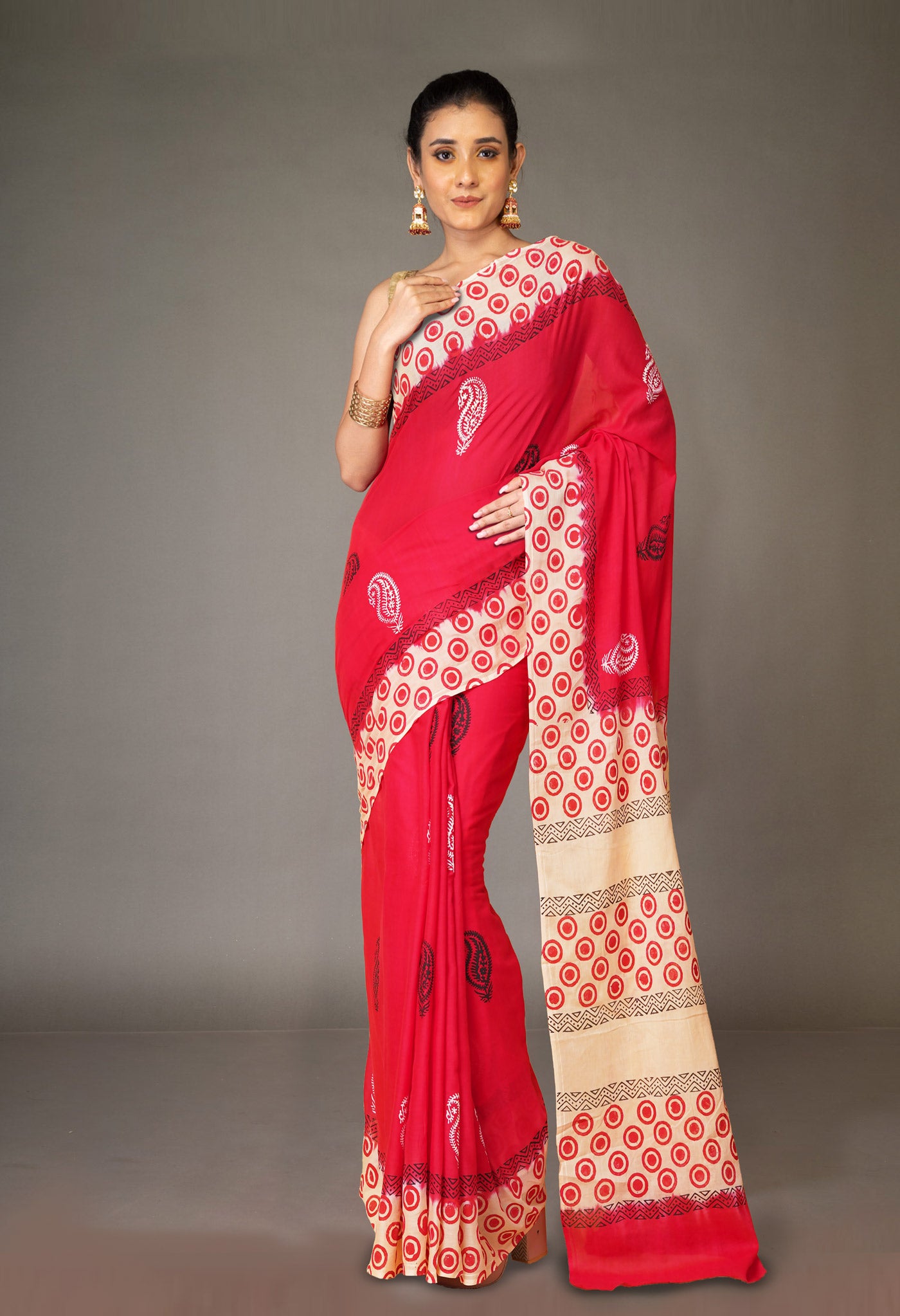 Red Pure Hand Block Printed Soft Cotton Saree