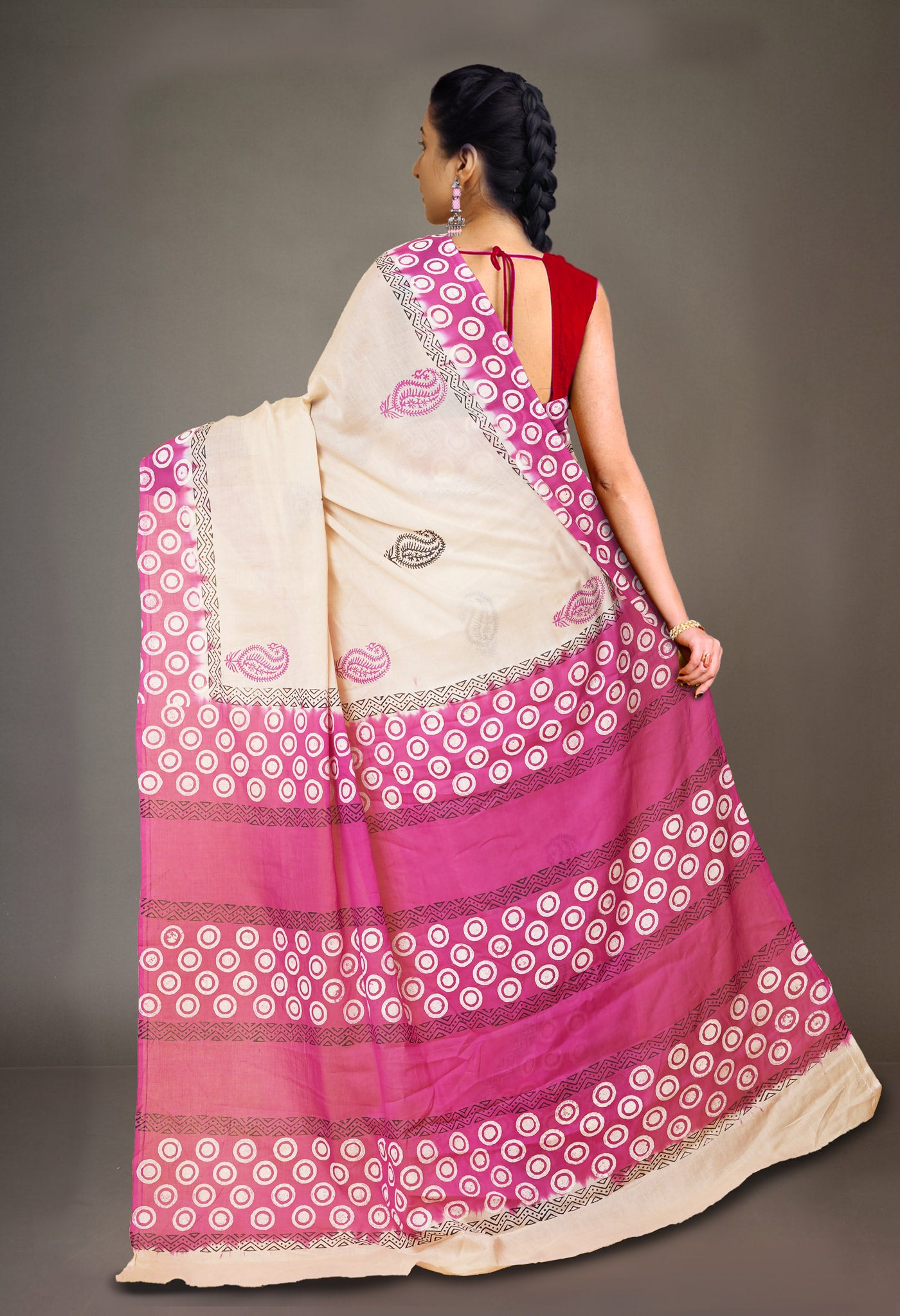 Cream Pure Hand Block Printed Soft Cotton Saree-UNM79269