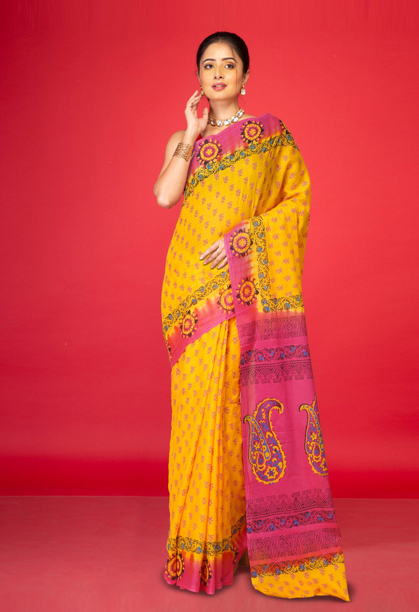 Yellow Pure Hand Block Printed Soft Cotton Saree