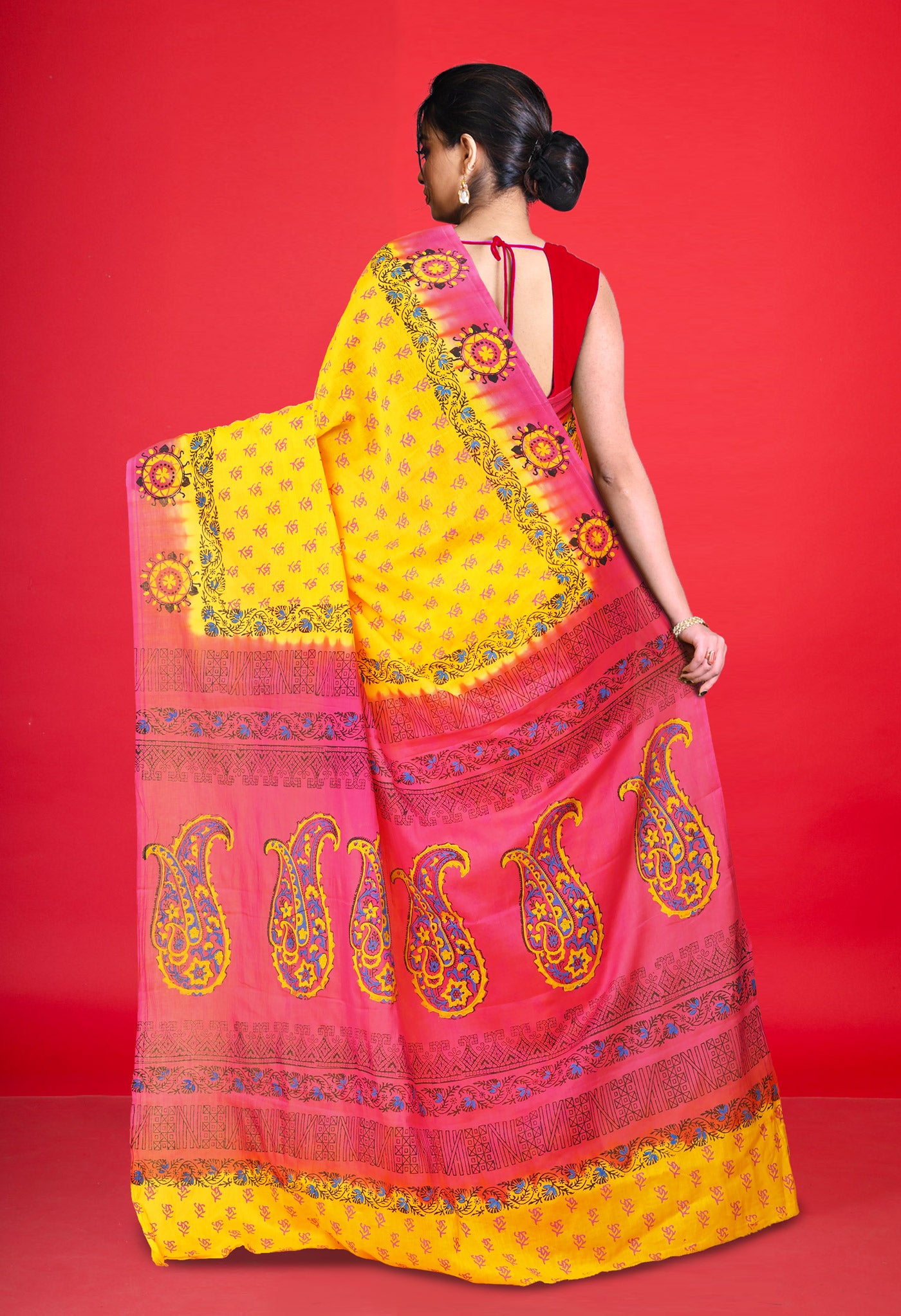 Yellow Pure Hand Block Printed Soft Cotton Saree