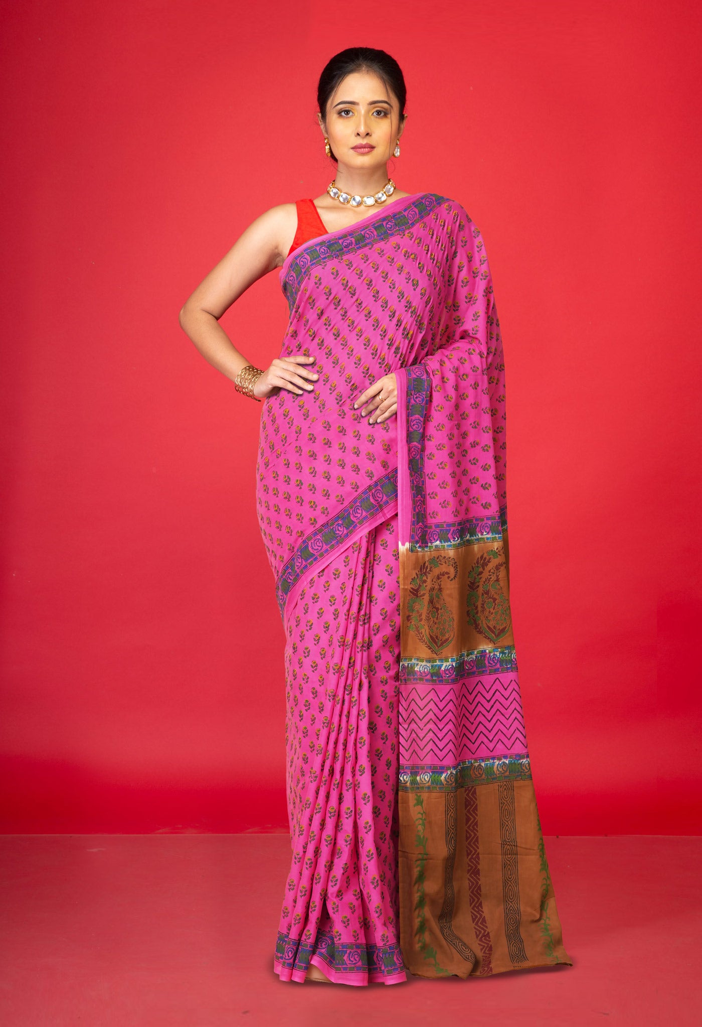 Pink Pure Hand Block Printed Soft Cotton Saree-UNM79273